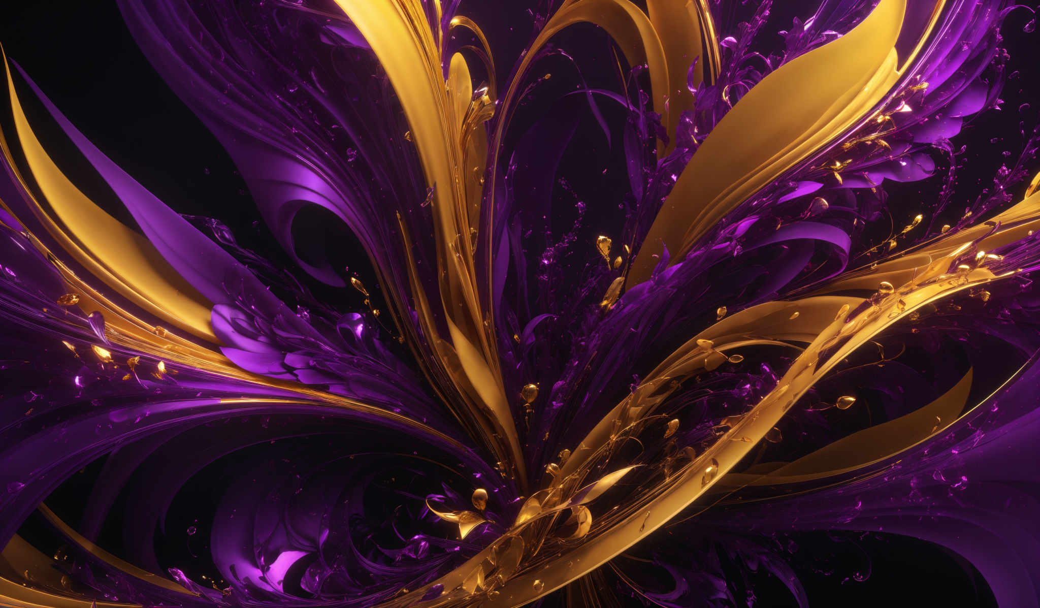 The image showcases a vibrant and intricate design with swirling patterns of colors. The dominant colors are shades of purple and gold. The swirls are fluid and dynamic, resembling the flow of liquid or the movement of petals in a blooming flower. The gold accents give a sense of luxury and opulence, while the purple adds depth and richness. The overall composition is visually captivating, with a blend of organic and abstract elements.