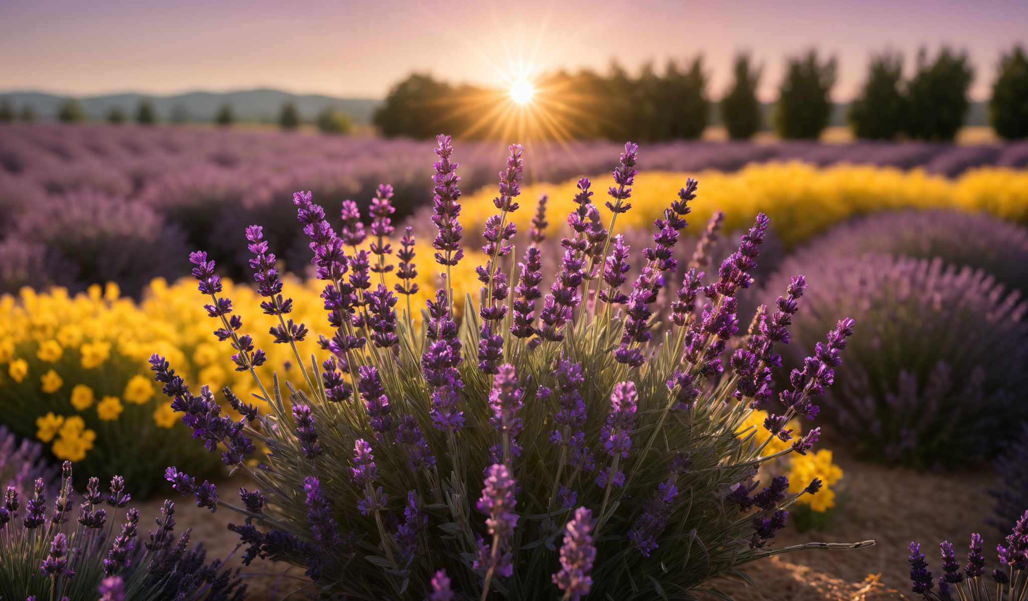 The image showcases a breathtaking landscape during sunset. The sky is painted in hues of pink, purple, and gold. The sun is positioned low on the horizon, casting a radiant glow. In the foreground, there are clusters of lavender plants with tall, slender stems and purple flowers. These lavender bushes are interspersed with patches of yellow flowers. The middle ground reveals more lavender fields stretching out to the horizon. In addition, there's a line of trees on the right side, silhouetted against the setting sun.