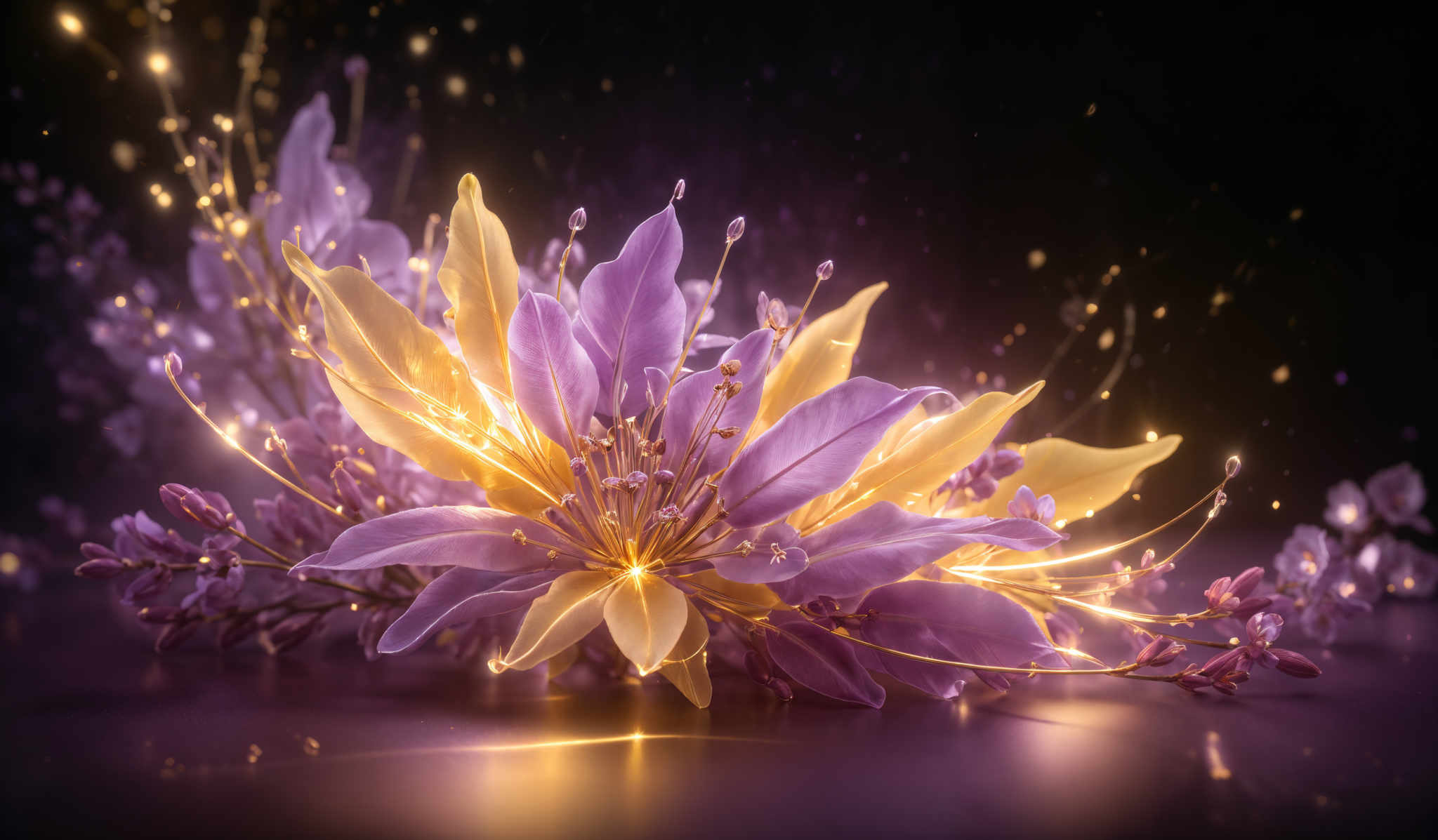 The image showcases a vibrant and intricate depiction of a flower. The flower has a central stem with golden-yellow petals that radiate outward, surrounded by larger purple petals. The center of the flower is adorned with small, golden-colored buds. The background is dark, with a sprinkling of golden light particles, creating a magical and ethereal ambiance.