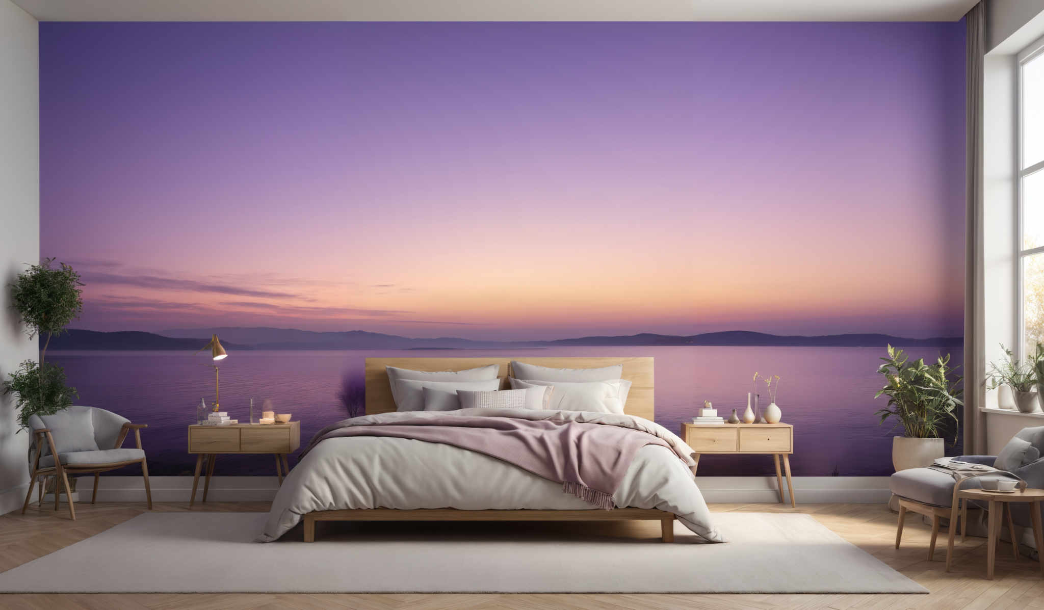 The image showcases a serene bedroom setting with a large, vibrant mural on the wall. The mural depicts a tranquil scene of a sunset over a calm body of water, with hues of purple, pink, and orange blending seamlessly. The room itself is furnished with a wooden bed in the center, complemented by light gray bedding and a pink throw blanket. To the left of the bed, there's a wooden nightstand with a table lamp and a few decorative items. Adjacent to the bed is a gray armchair with a potted plant on its side. The floor is wooden, and there'a large white rug beneath the bed. On the right, there are two tall windows letting in natural light, and a small table with a vase of flowers.