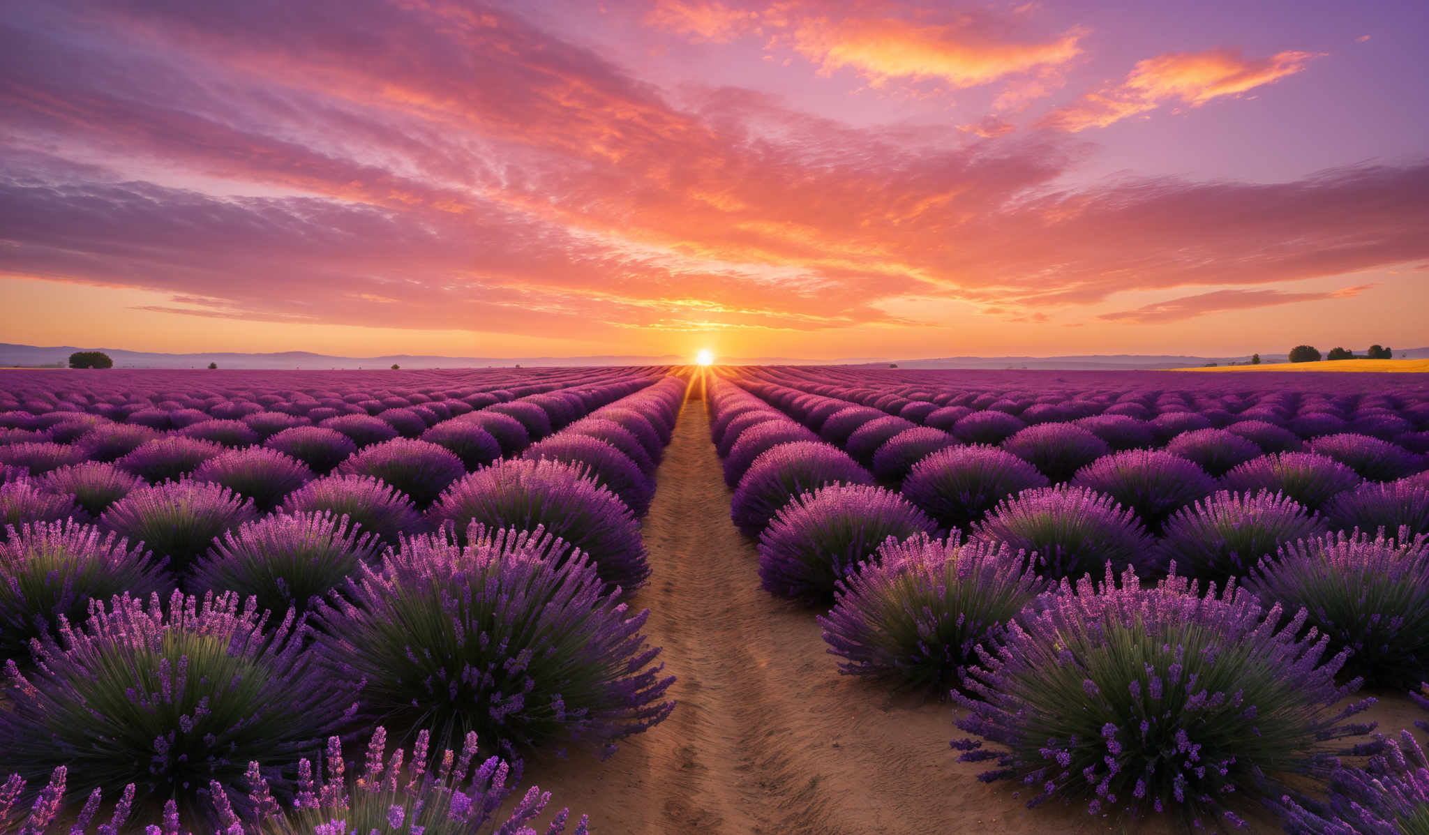 The image showcases a breathtaking landscape during sunset. The sky is painted with hues of orange, pink, and purple, with the sun setting in the distance, casting a golden glow. The horizon is lined with silhouettes of distant mountains. In the foreground, there are rows of lavender plants, which are rounded and bushy, displaying vibrant purple flowers. The lavender fields seem to stretch endlessly, with a dirt path running through the middle. The overall scene exudes tranquility and natural beauty.