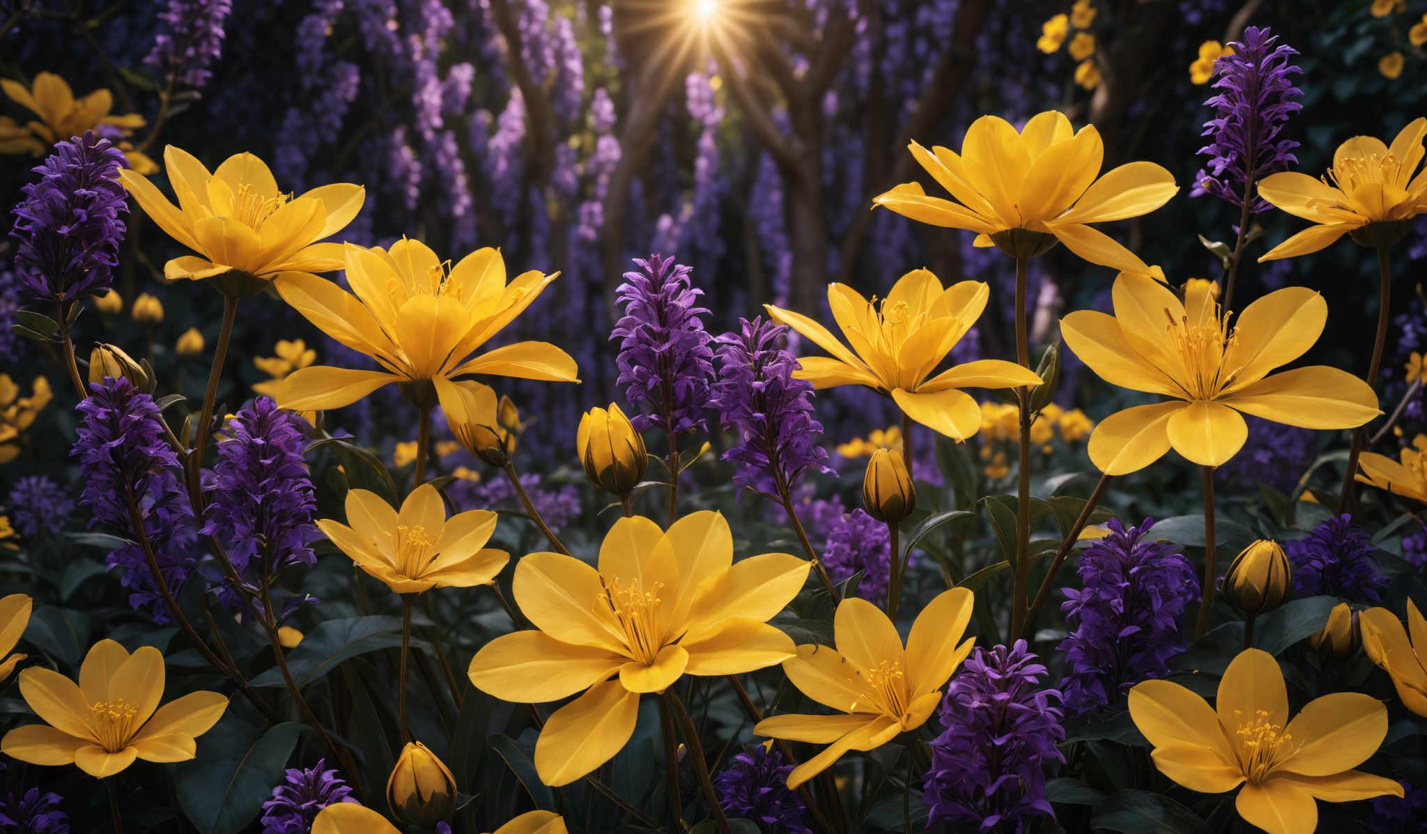 The image showcases a vibrant and colorful garden scene. Dominating the foreground are large, bright yellow flowers with intricate petal details. These flowers are complemented by smaller purple flowers interspersed among them. The background is a dense tapestry of purple blossoms, creating a rich contrast with the yellow flowers. Sunlight filters through the trees, casting a warm glow and creating a radiant starburst effect in the upper right corner.