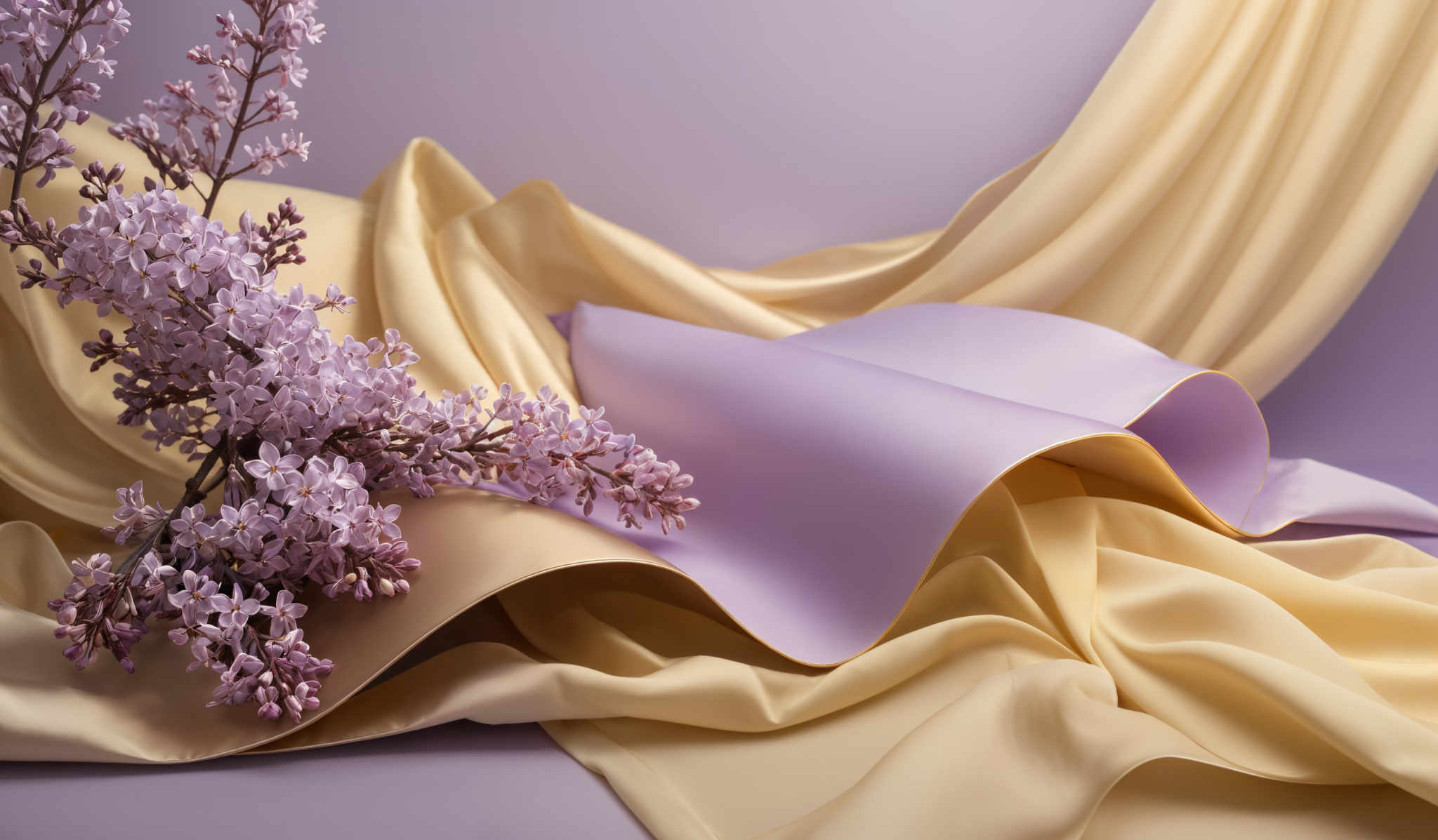 The image showcases a beautiful arrangement of draped fabric in two primary colors: a soft lavender and a muted gold. The lavender fabric forms a gentle curve, cascading downwards, while the gold fabric is laid flat, creating a contrasting backdrop. Resting atop the lavender drapes is a branch with delicate purple flowers, which appear to be in full bloom. The flowers are clustered together, giving a sense of abundance and freshness. The overall composition exudes a sense serenity and elegance.