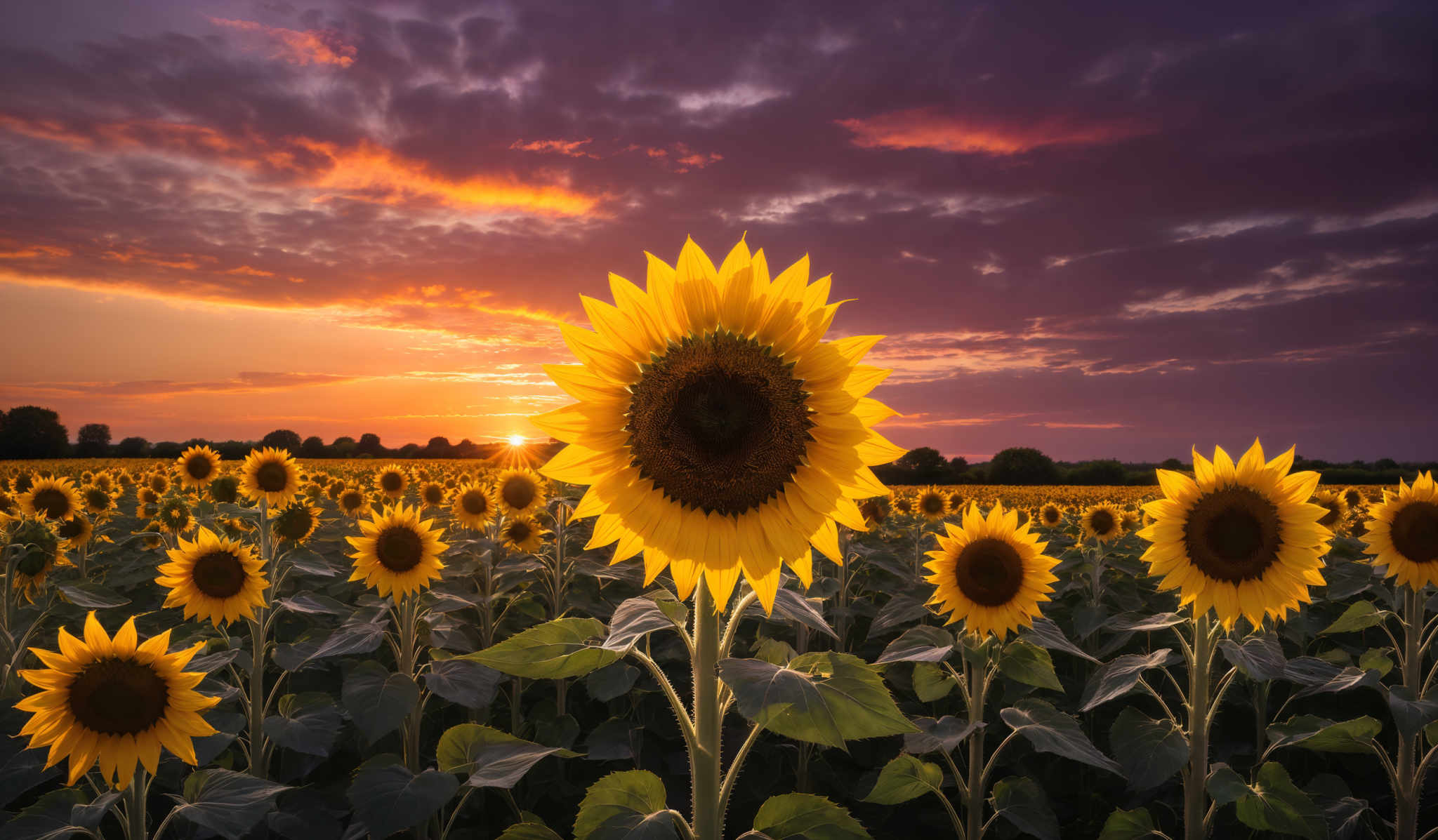 The image showcases a vast field of sunflowers under a dramatic sky during sunset. The sunflower in the foreground is fully bloomed, displaying a bright yellow petal face with dark brown seeds at the center. The surrounding sunflowERS are also in full bloom, but they are slightly obscured by the foremost sunflowering. The sky is a vibrant mix of colors, with deep purples, fiery oranges, and hints of pink, creating a contrast with the golden hue of the sunfloweries. The clouds are scattered, adding depth and texture to the sky.