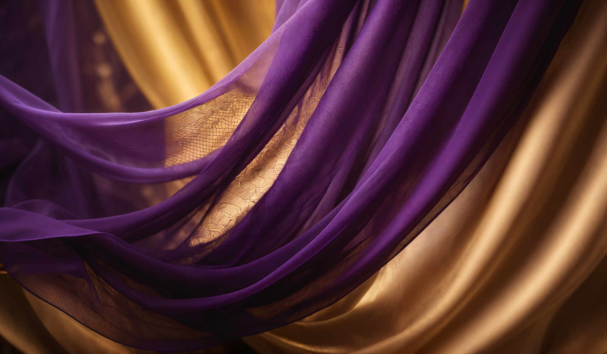 The image showcases a beautiful interplay of colors and textures. Dominant colors include deep purple and a soft golden-yellow. The purple appears to be a sheer, flowing fabric with intricate lace-like patterns. The golden- yellow fabric, on the other hand, seems smoother and more opaque, with a subtle sheen. The overlapping of these two fabrics creates a dynamic visual effect, with the purple fabric draping gracefully over the golden-colored one.