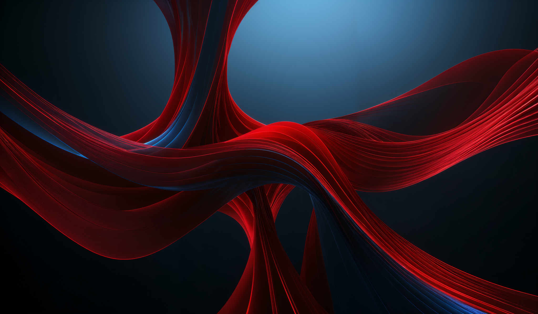 The image showcases a vibrant and dynamic composition of intertwined ribbon-like structures in a swirling pattern. The dominant colors are deep red and a striking shade of blue. The shapes are fluid and wavy, creating an impression of movement and flow. The interplay of the red and blue hues creates a visually striking contrast, with the red appearing warm and energetic, while the blue exudes a cool and calming aura.