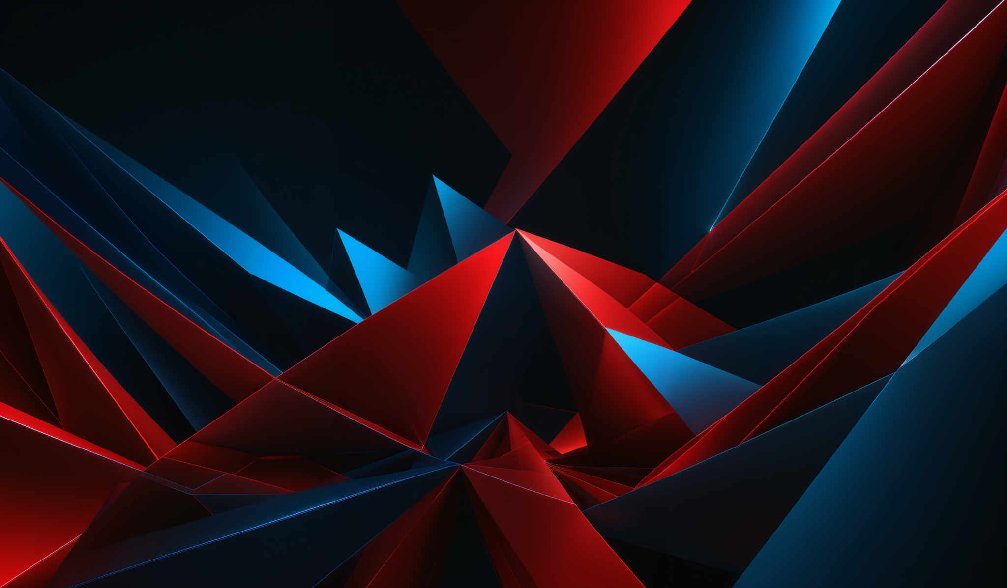 The image showcases a dynamic and vibrant composition of geometric shapes. The dominant colors are shades of red, blue, and black. The shapes are sharp, angular, and resemble crystalline structures or shards. They overlap and intertwine, creating a sense of depth and movement. The interplay of light and shadow on these shapes adds to the visual complexity and drama of the image, making it appear as though the shapes are in motion or emerging from a void.