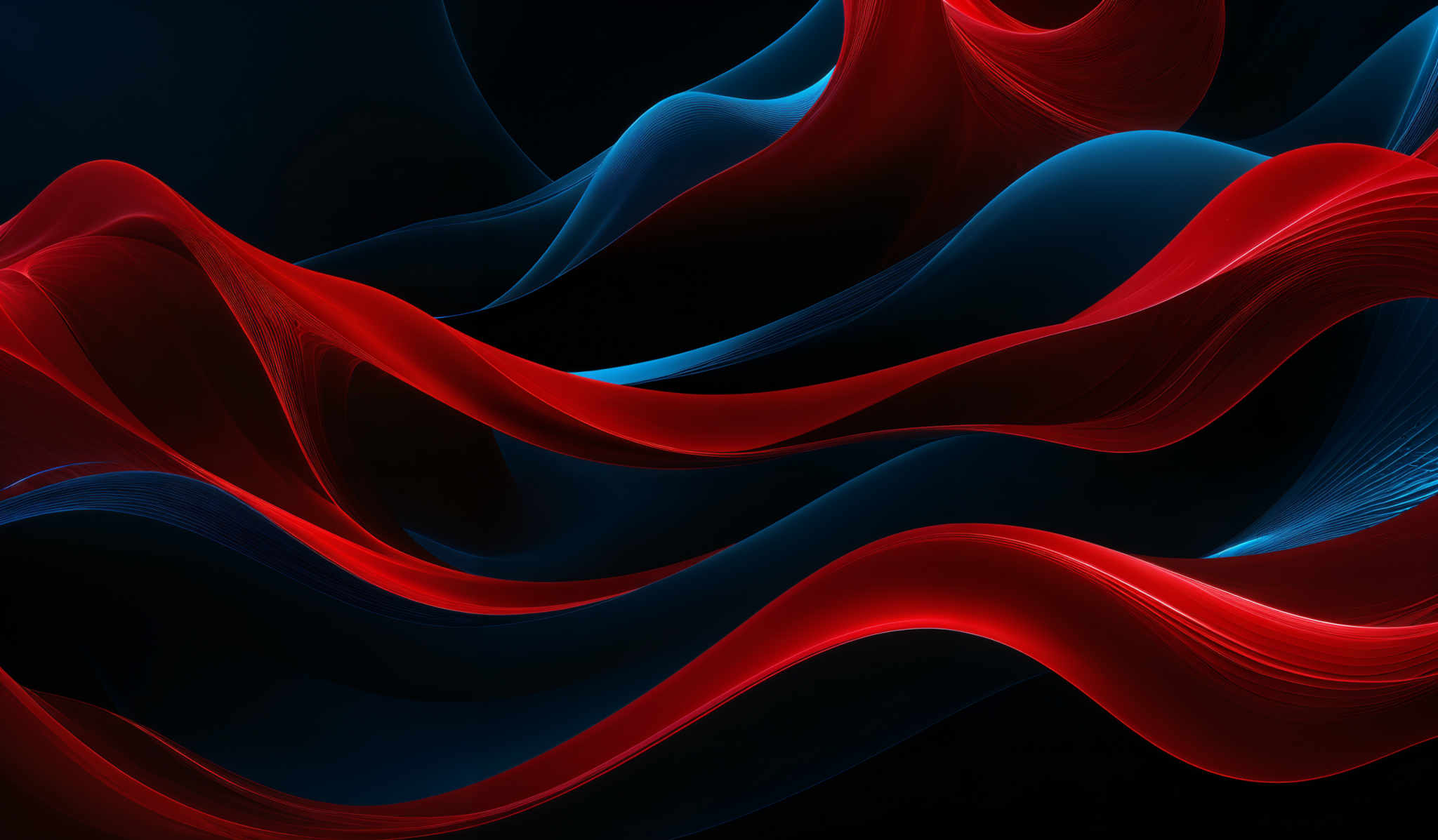 The image showcases a vibrant and dynamic abstract design. It predominantly features flowing, wavy lines in a mix of deep red and electric blue hues. The red lines have a smooth, glossy appearance, while the blue lines exhibit a more translucent quality. The interplay of these colors creates a visually striking contrast, with the red appearing warm and the blue appearing cool. The overall shape of the design is reminiscent of undulating waves or ribbons, giving the image a fluid and dynamic feel.