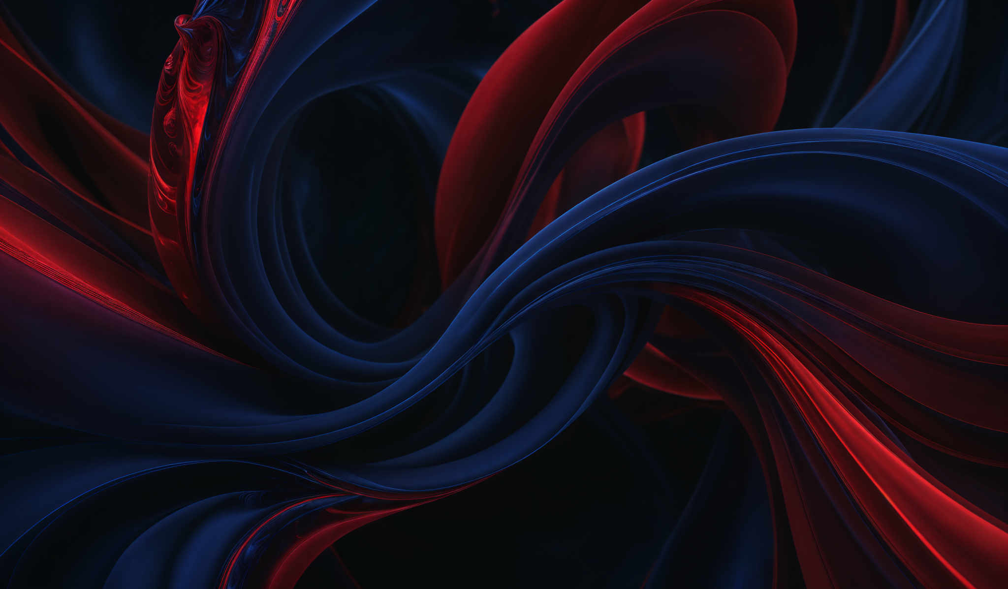 The image showcases a vibrant and dynamic abstract design. It predominantly features swirling patterns of red and blue. The red appears to be a glossy, possibly liquid or metallic substance, reflecting light and creating a shimmering effect. The blue, on the other hand, has a smoother texture, contrasting with the red's reflective quality. The swirls are intricate, intertwining and overlapping, creating a sense of movement and depth.