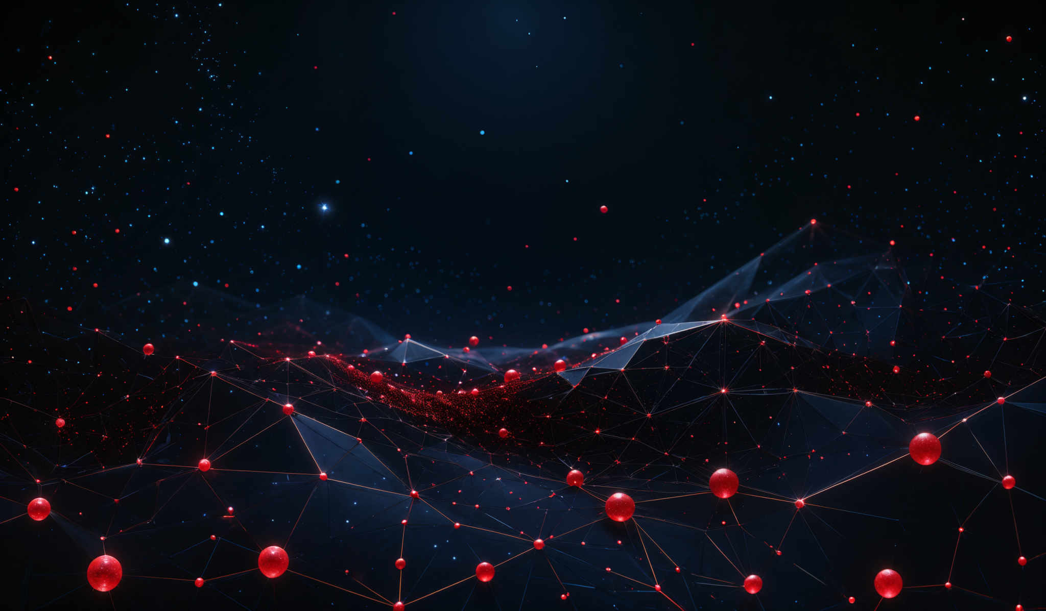 The image showcases a digital or abstract representation of a network or interconnected system. It predominantly features a deep blue background with numerous small red spheres scattered throughout. These spheres are interconnected by lines, forming a mesh-like structure. The overall appearance gives a sense of interconnectedness, reminiscent of a neural network or a digital landscape.