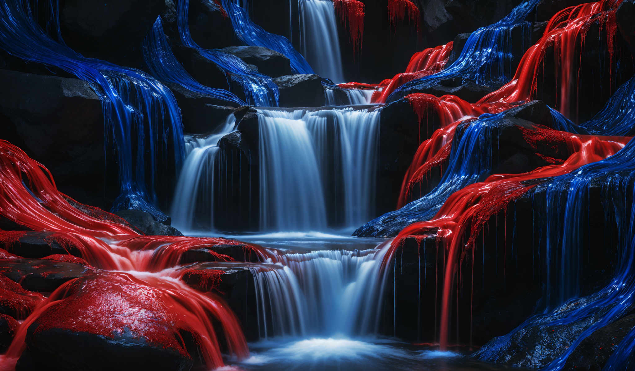 The image showcases a series of cascading waterfalls surrounded by dark rocks. The waterfalls are split into two primary streams: one that flows in a vibrant red color and another in a striking blue. The red stream appears to be more fluid and smooth, while the blue stream has a more turbulent flow. The rocks surrounding the waterfalls have a dark, almost black hue, and they are wet, reflecting the colors of the water. The overall ambiance of the image is mystical and surreal, with the contrasting colors creating a visually striking effect.