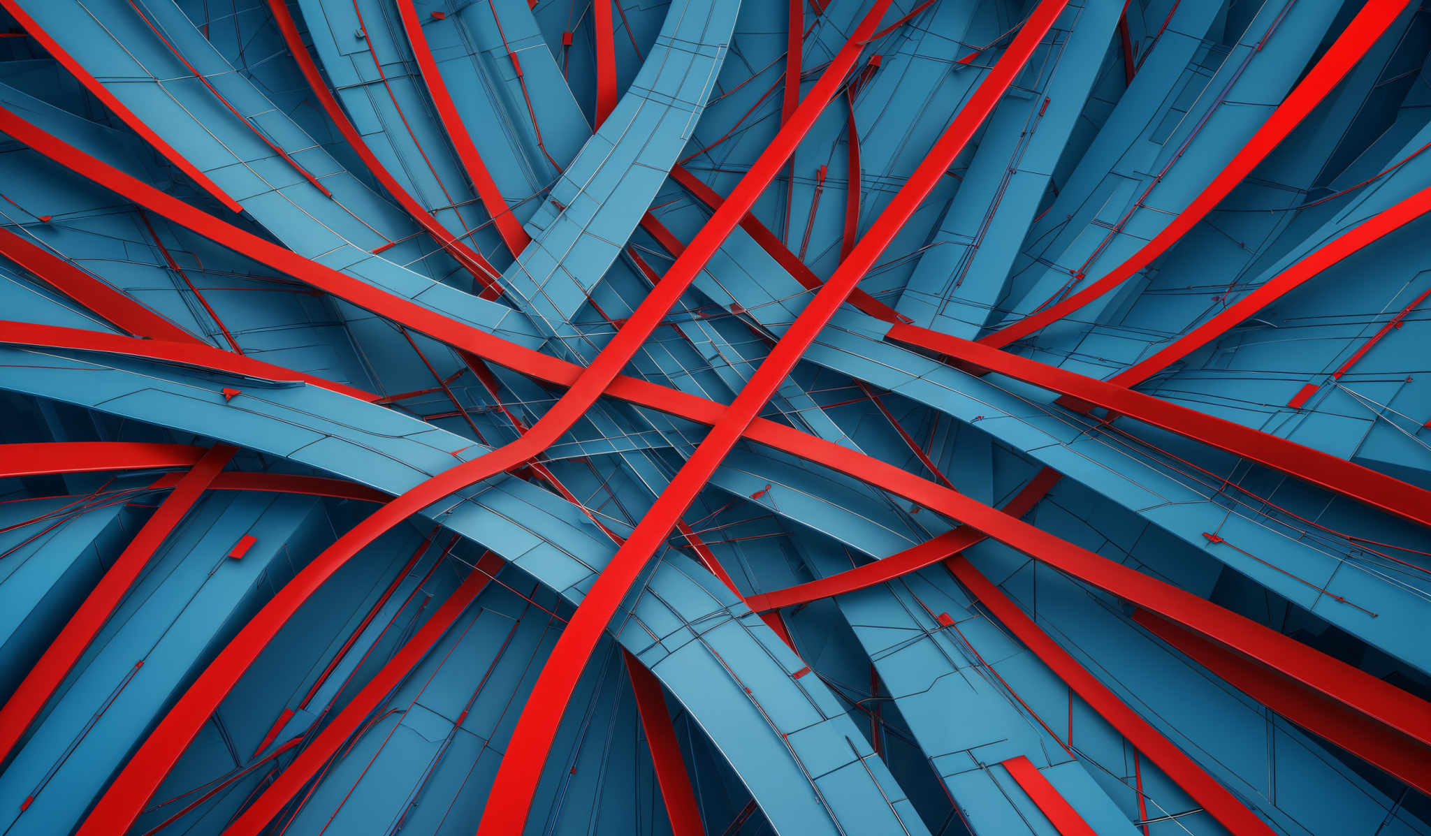 The image showcases a complex intertwining of curved, ribbon-like structures in a vibrant shade of blue. These structures are intersected by bold, red lines that appear to be electrical or circuitry wires. The entire composition gives an impression of a digital or technological network, reminiscent of a circuit board or a digital interface.