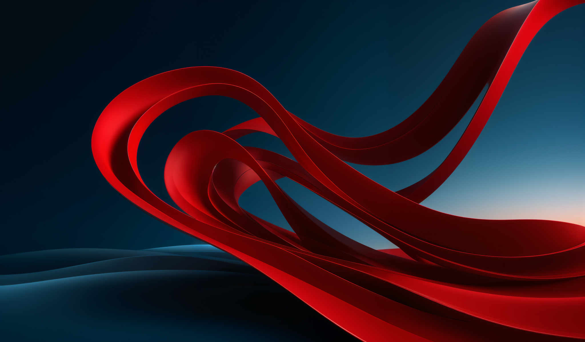 The image showcases a dynamic and abstract design. The dominant color is a deep shade of blue, which forms the background. In contrast, there are flowing, curved red structures that appear to be intertwined and twisted, creating a sense of movement and fluidity. The red structures are set against the blue backdrop, creating an interesting juxtaposition of warm and cool colors. The overall design gives a feeling of fluidity and dynamism, as if the red structures were made of liquid or were in motion.