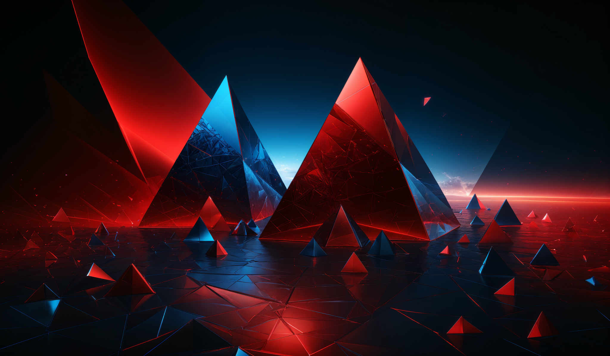 The image showcases a vibrant and dynamic digital artwork. It predominantly features sharp, crystalline triangular structures that radiate a luminescent glow. The colors are a mix of deep reds, vibrants blues, and fiery oranges, creating a contrast between cool and warm tones. The triangles are intricately detailed, with some appearing cracked or fragmented, suggesting a sense of fragility or dynamism. The background is a vast expanse of space, with a radiant light source emanating from the horizon, casting a reflection on the cracked surface below.