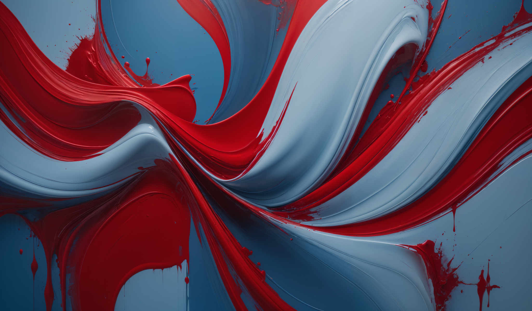 The image showcases a vibrant and dynamic interplay of colors. The dominant colors are red and blue, with the red appearing as thick, fluid, and wavy strokes that intertwine with the blue. The red seems to be splattering and dripping in certain areas, adding a sense of movement and energy to the composition. The shapes are fluid and organic, resembling waves or ribbons of paint that have been splashed and twisted. The overall effect is one of dynamism and fluidity, reminiscent of a mix between a liquid painting and a fluid dynamics experiment.