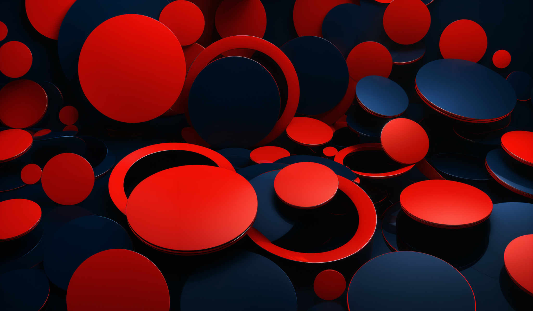 The image showcases a vibrant and dynamic arrangement of circular shapes. The predominant colors are deep red and navy blue. The red circles vary in size, with some appearing as large as the entire image's canvas while others are smaller. The navy circles are interspersed among the red ones, creating a visually striking contrast. The overall composition gives an impression of a chaotic yet harmonious interplay of shapes, reminiscent of a 3D abstract art piece.