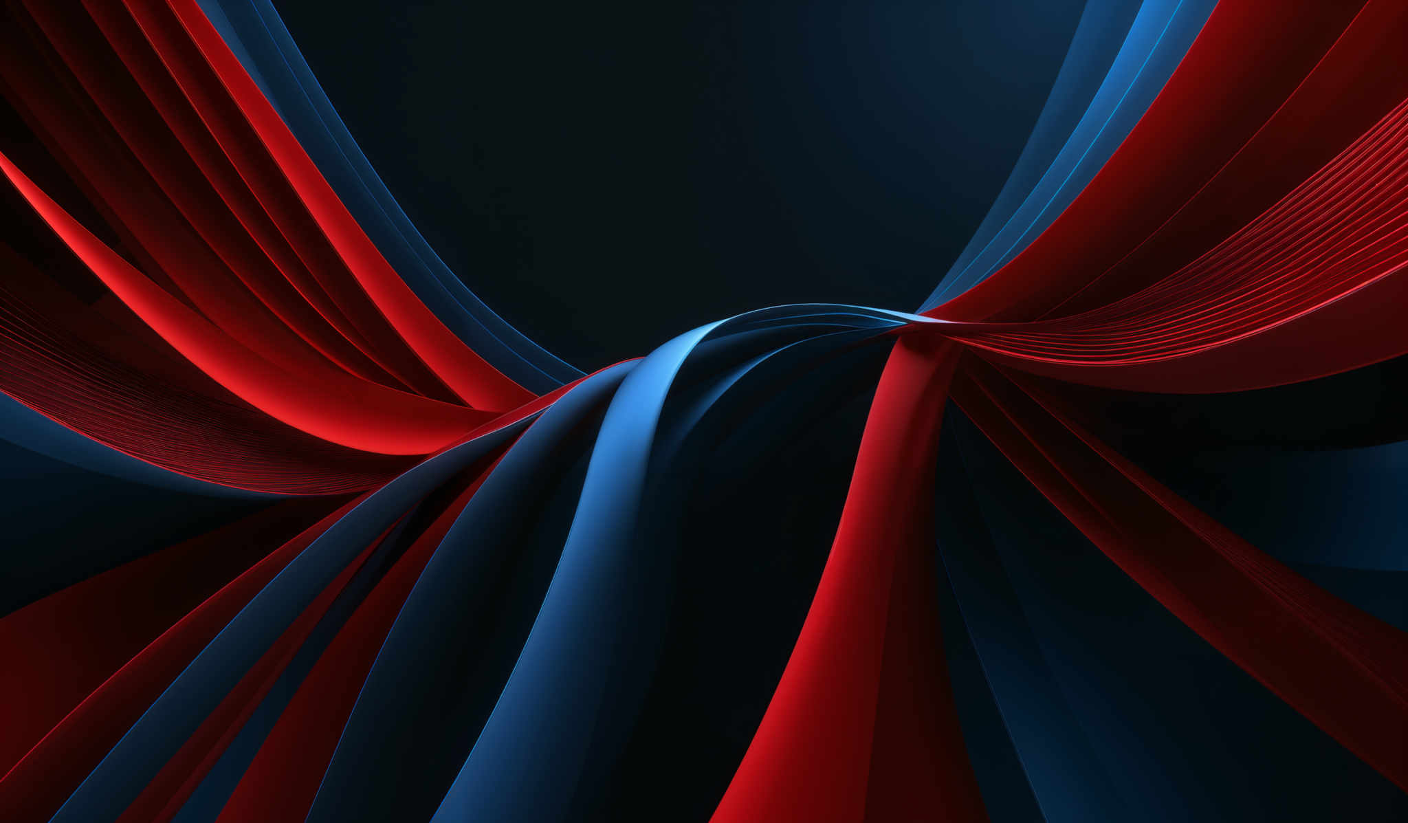 The image showcases a dynamic and abstract design. It predominantly features two contrasting colors: deep blue and vibrant red. The design consists of flowing, curved lines that converge and diverge in a swirling pattern. The blue lines have a smooth texture, while the red lines exhibit a ridged pattern, giving a sense of depth and dimension. The overall composition gives an impression of movement and fluidity, reminiscent of flowING fabric or waves.