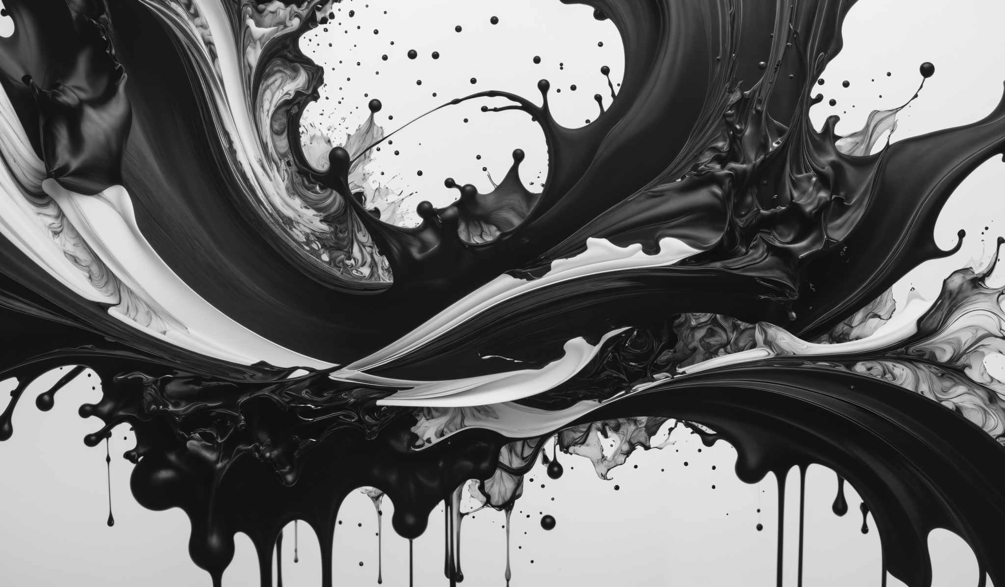 The image showcases a dynamic interplay of black and white colors. The black appears to be a thick, viscous liquid that is splashing and swirling, creating intricate patterns and shapes. The white, on the other hand, seems to be more fluid and is intermingling with the black, creating a contrasting yet harmonious visual effect. The overall composition is abstract, with the liquid's movement giving it a sense of motion and energy.