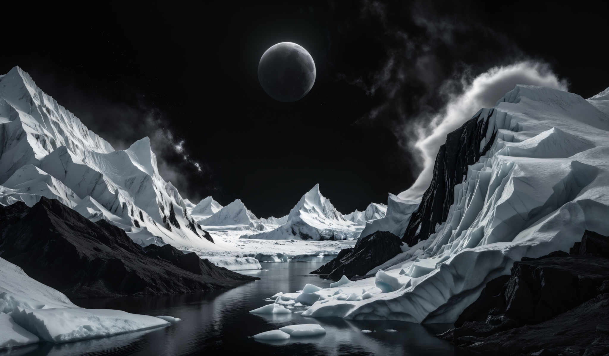 The image showcases a dramatic and surreal landscape. Dominated by shades of white and black, the scene features towering snow-covered mountains with jagged peaks. A serene body of water flows through the valley, reflecting the mountains and the celestial bodies above. The sky is dark, punctuated by a large, partially obscured moon and a few distant stars. Wisps of mist or clouds drift above the mountains, adding to the ethereal quality of the scene.