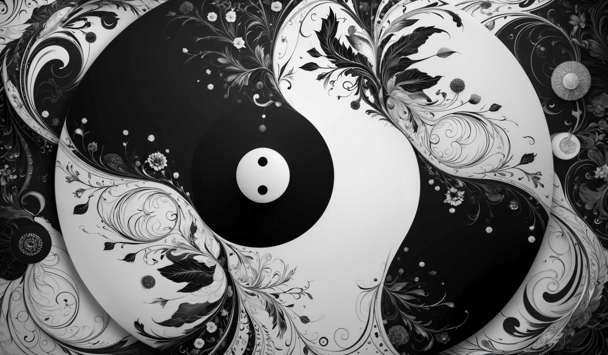 The image predominantly features a monochromatic color scheme with shades of black, white, and gray. The central element is a large circular shape, divided into two contrasting halves. One half is black, while the other is white, creating a Yin-Yang symbol. Surrounding this central shape are intricate floral and ornamental designs, with swirling patterns, flowers, and leaves. The overall composition is both symmetrical and dynamic, with a harmonious blend of organic and abstract elements.