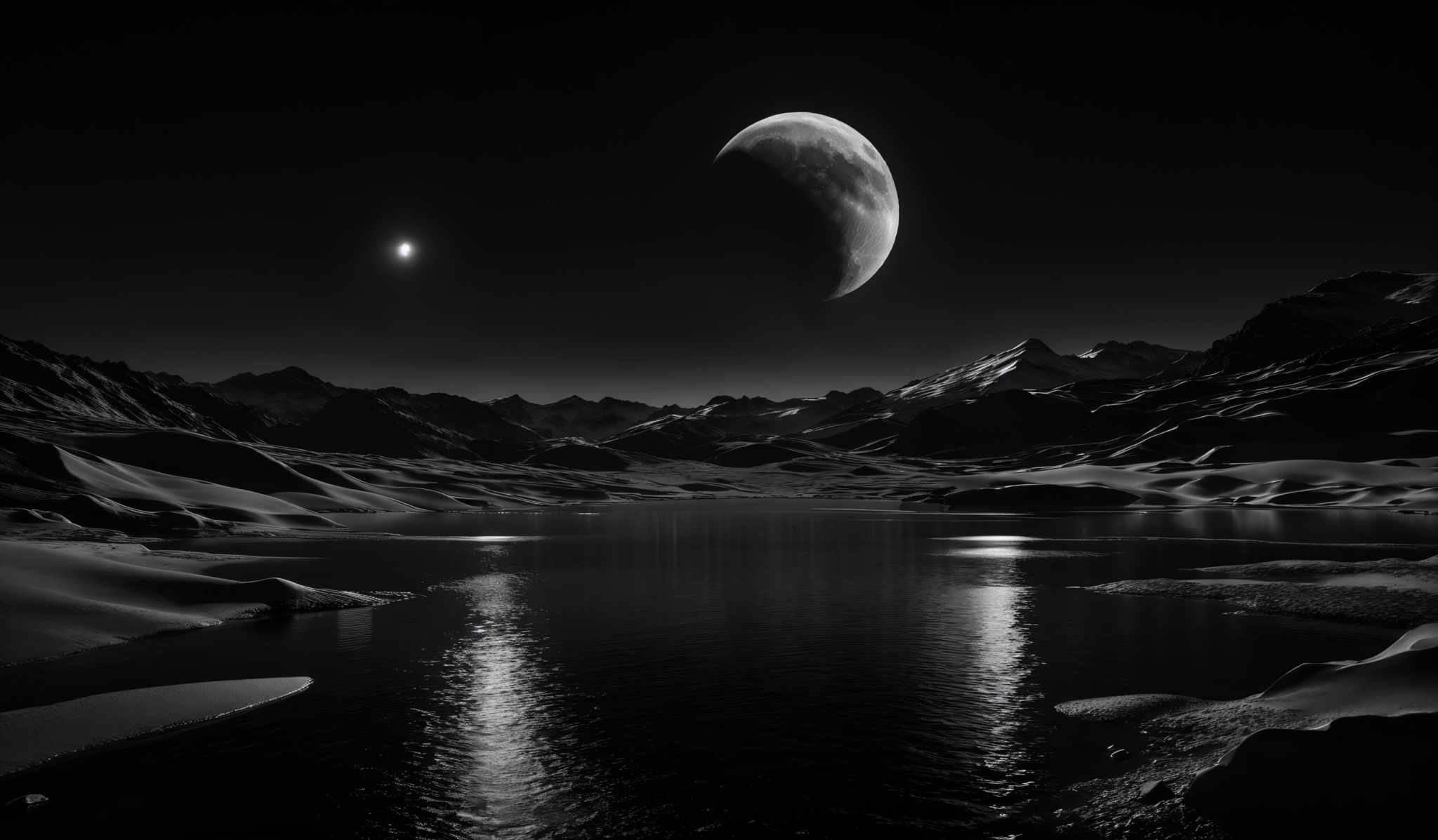 The image is in black and white, showcasing a celestial landscape. Dominating the scene is a large, crescent moon with a detailed surface, appearing close to the horizon. To the right of the moon, there's a bright star or planet. The landscape features rugged mountains with snow-capped peaks, and a serene body of water reflects the celestrial bodies. The terrain is uneven with some areas covered in snow, while others have dark shadows, suggesting the presence of valleys or shadows from the mountains.