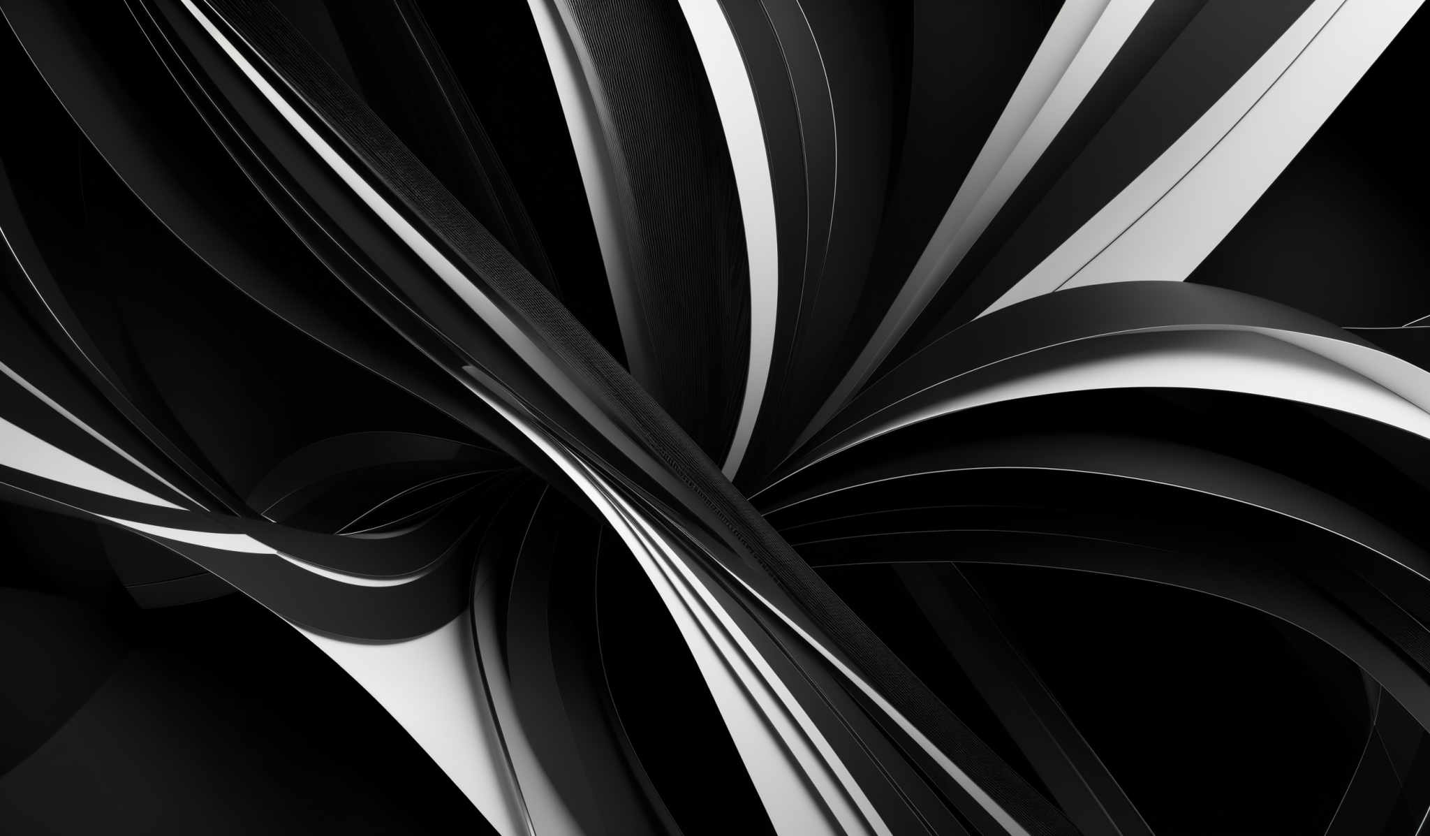 The image showcases a dynamic and abstract design. It predominantly features black and white colors, with intricate white and black swirls and curves creating a visually striking pattern. The swirls appear to be intertwined, creating a sense of movement and depth. The shapes are fluid and organic, giving the image a sense that it's in motion.