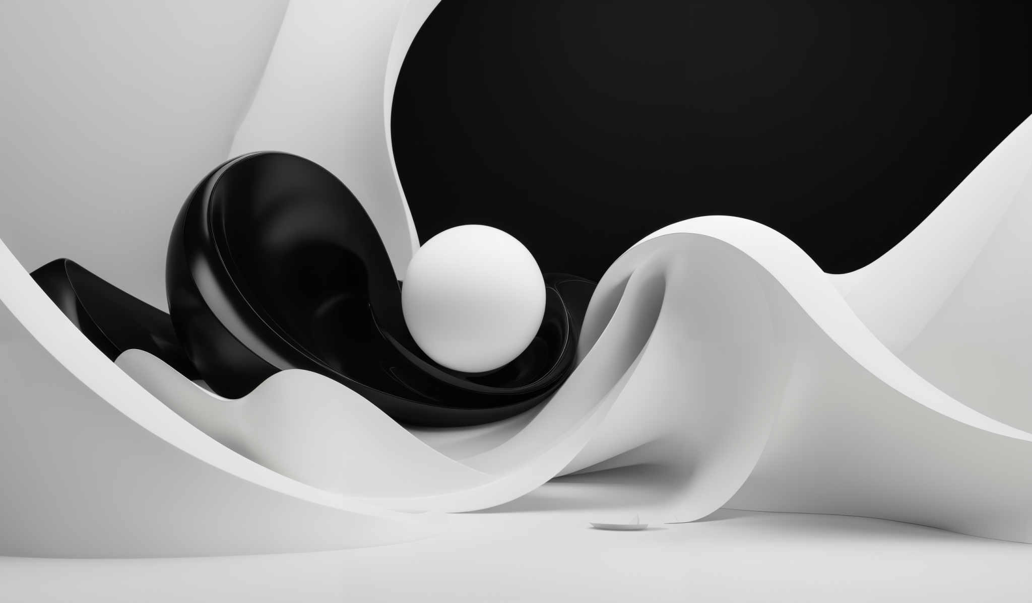 The image showcases a monochromatic theme with predominant shades of black and white. The primary shapes are curvilinear and fluid, resembling abstract sculptures or organic forms. The central figure is a white sphere, surrounded by black, wavy structures that seem to be intertwined or overlapping. The overall composition gives a sense of movement and dynamism, reminiscent of liquid or flowing material.