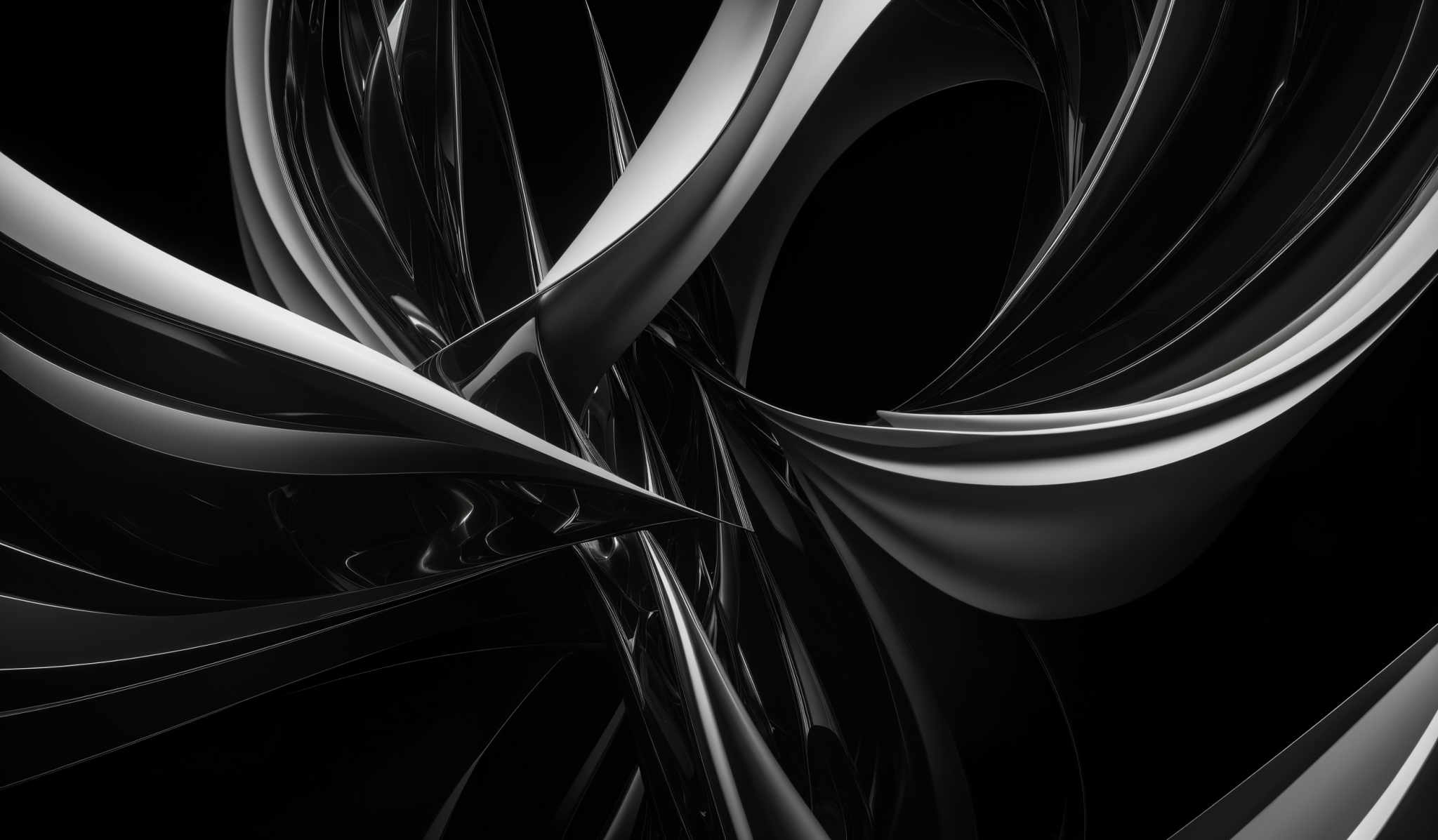 The image showcases a black and white abstract design. It features swirling, flowing shapes that resemble elongated, glossy, and smooth curves. The shapes are intricately intertwined, creating a dynamic and mesmerizing pattern. The predominant colors are varying shades of black and gray, with highlights that give the illusion of reflective surfaces.