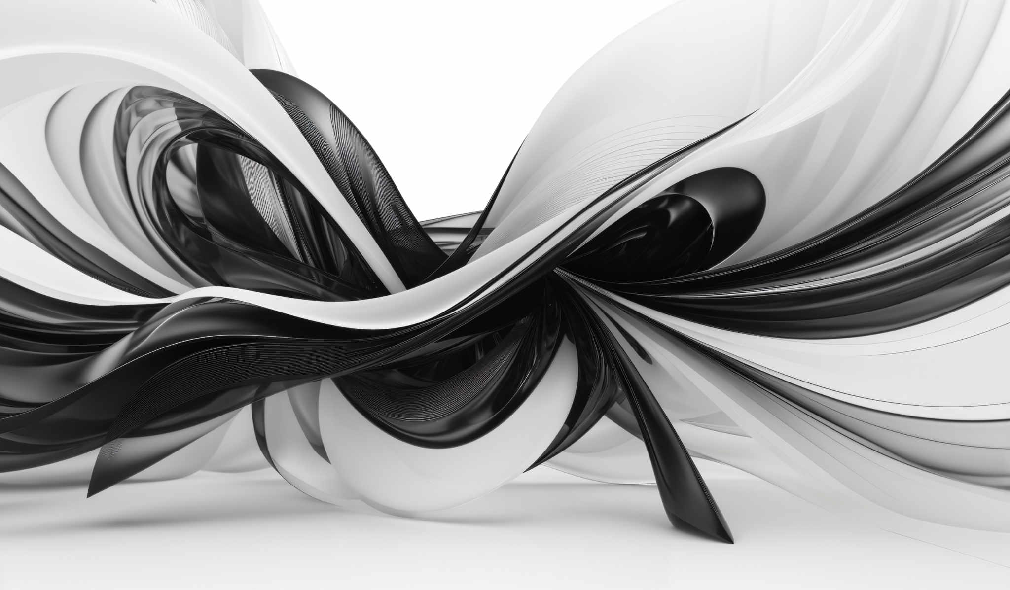 The image showcases a dynamic and abstract composition of swirling shapes in black and white. The shapes are fluid and intertwine, creating a visually striking contrast between light and dark. The intricate detailing and overlapping patterns give the impression of movement and dynamism, reminiscent of flowing water or twirling fabric.