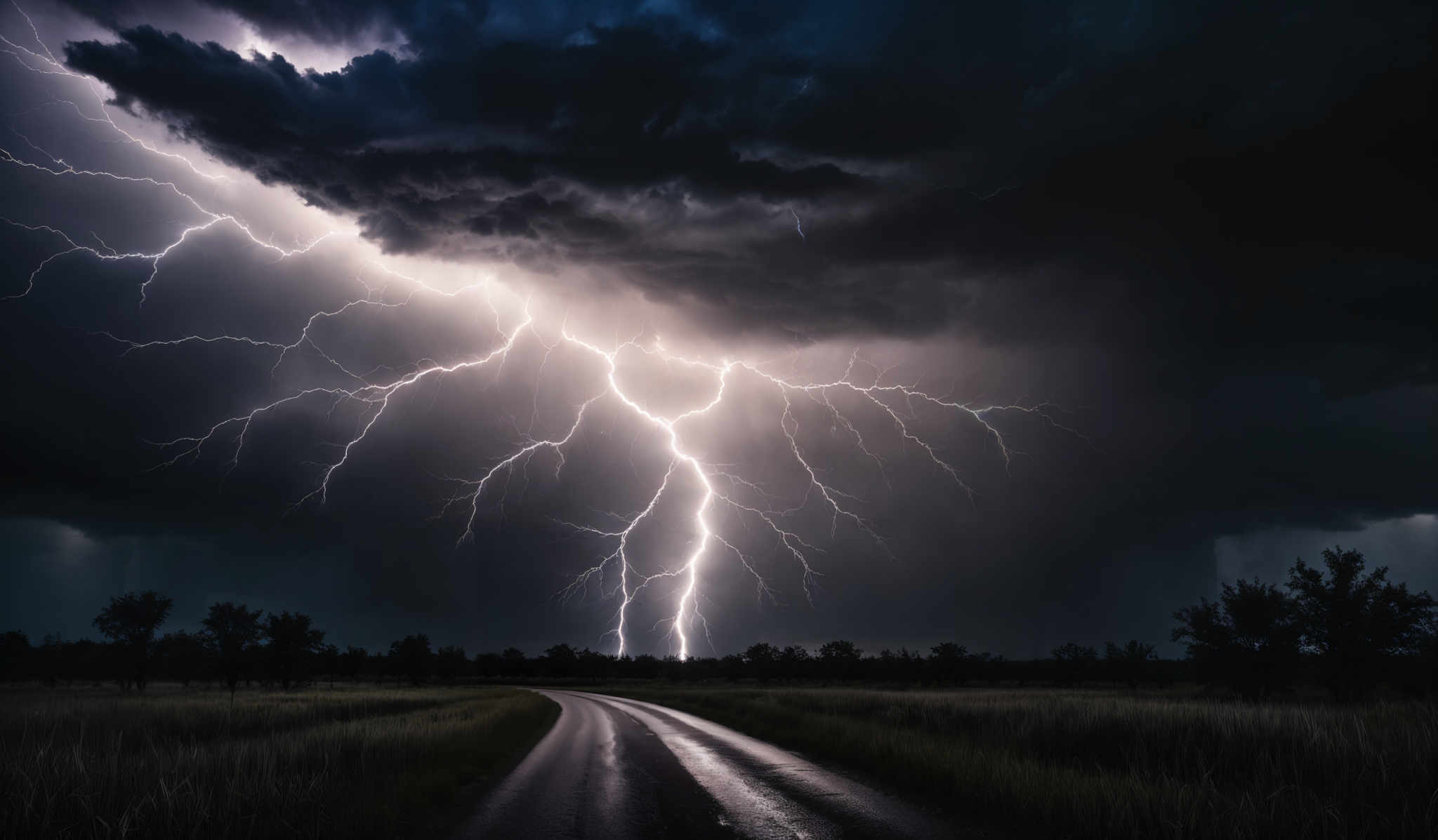 The image showcases a dramatic and intense scene of nature. Dominating the sky are dark, ominous clouds, from which bright, jagged lightning bolts emanate. The lightning strikes create intricate patterns on the clouds and the ground below. The ground is a mix of grassy fields and a dirt road that stretches into the distance. The road appears wet, possibly from recent rain or the lightning itself. The overall color palette is a blend of deep blues, purples, and bright whites, creating a stark contrast between the stormy sky and the serene landscape below.