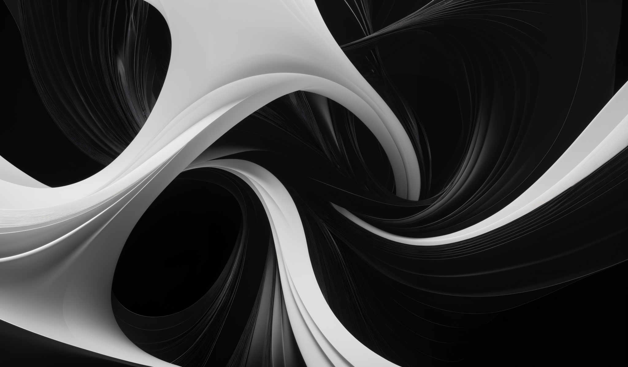 The image showcases a dynamic and abstract design. It predominantly features black and white colors. The shapes are fluid and curvy, resembling swirling patterns or flowing fabric. The design appears to be a digital artwork, emphasizing contrasts and intricate details.