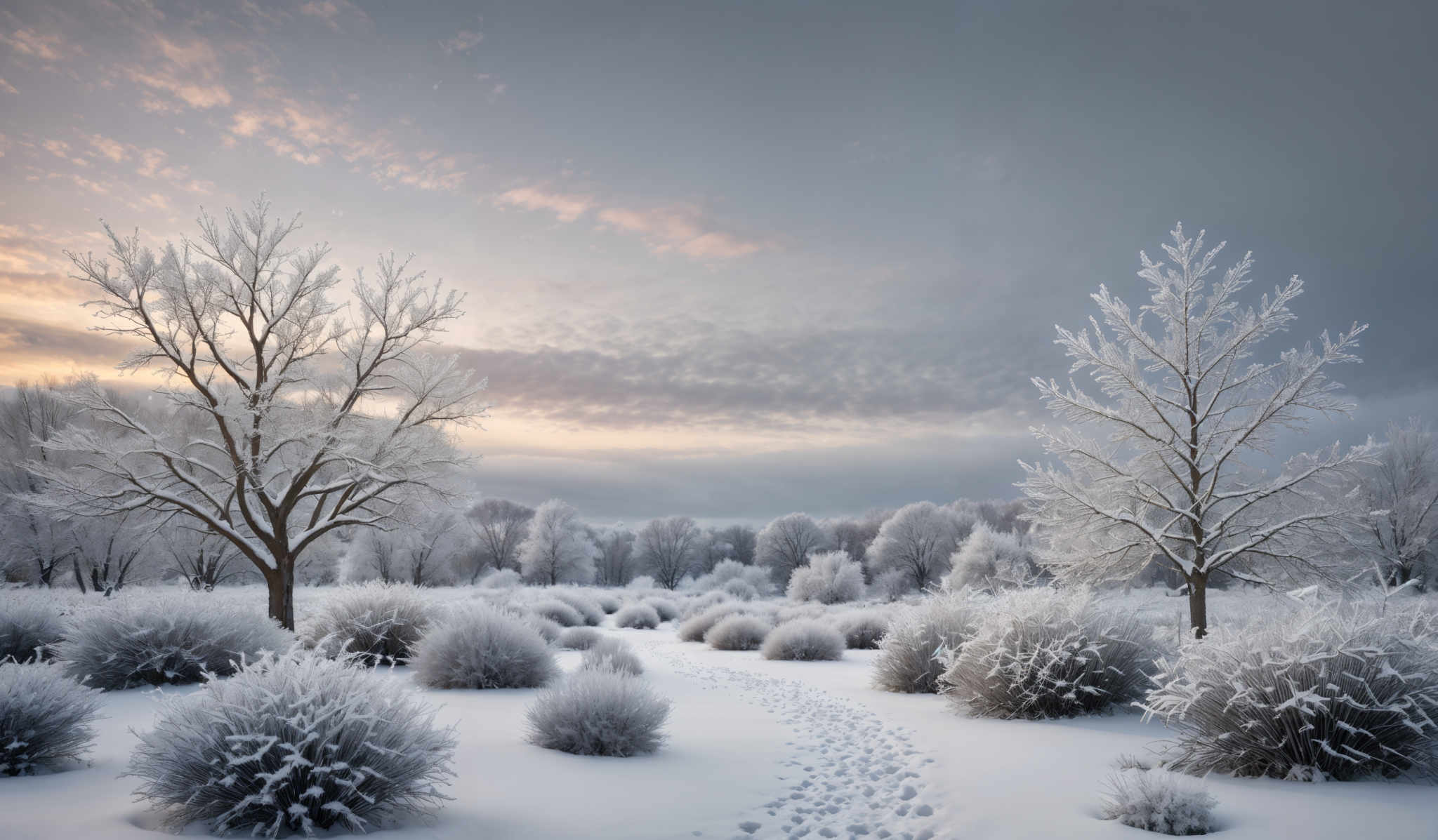 The image showcases a breathtaking winter landscape. The dominant colors are shades of white, gray, and soft pink from the sky. The landscape is covered in a thick blanket of snow, with trees and shrubs coated in frost. The trees, particularly the one on the left, have intricate branches covered in crystalline frost, giving them a delicate and ethereal appearance. The sky is painted with hues of pink and blue, suggesting either a sunrise or sunset. The ground is dotted with footprints, indicating recent movement through the snow.