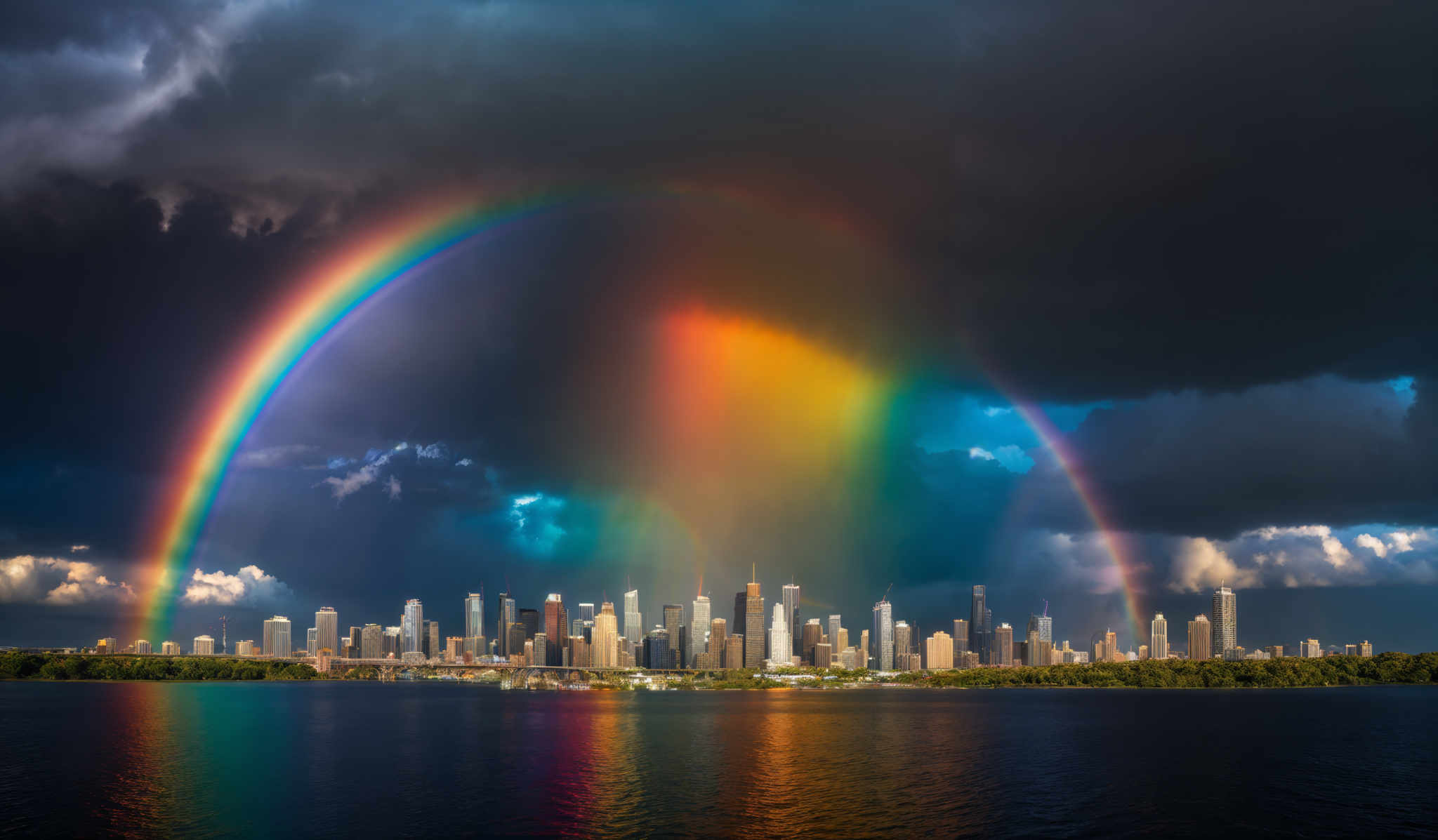 The image showcases a breathtaking view of a city skyline with a double rainbow arcing over it. The sky is filled with dark, stormy clouds, contrasting sharply with the vibrant colors of the rainbows. The city's buildings are tall and modern, reflecting light on the water below. The reflection of the city and the rainbow can be seen on the calm waters of a river or lake.