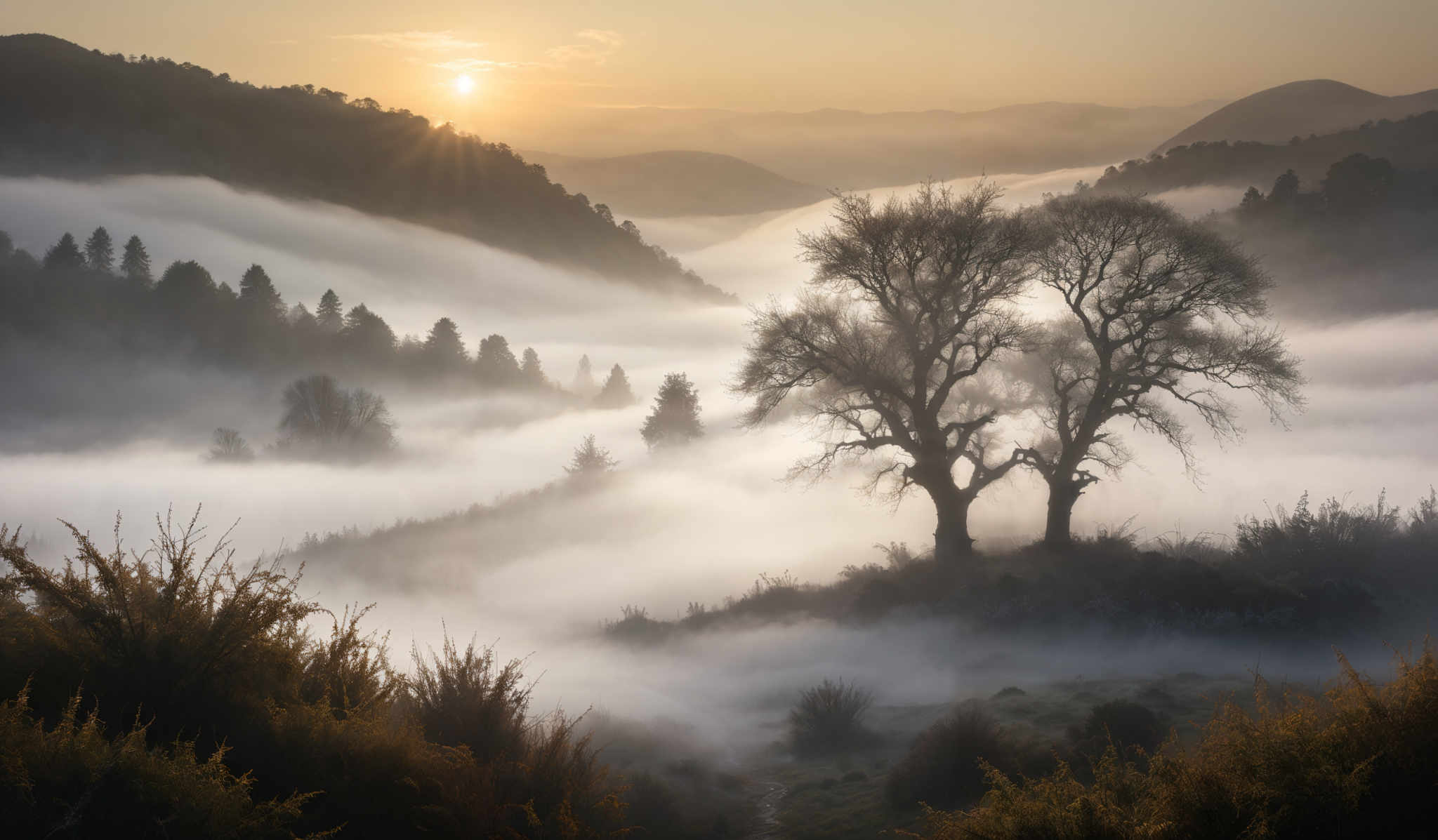 The image showcases a breathtaking landscape during what appears to be sunrise or sunset. The sky is painted with hues of orange and yellow, with the sun peeking out from behind a mountain range. The valleys below are blanketed in a thick layer of mist, creating a serene and ethereal atmosphere. In the foreground, there's a prominent tree with bare branches, standing tall against the backdrop of the mist. The tree is surrounded by shrubs and grass, which are illuminated by the soft light of the sun. The entire scene exudes a sense of tranquility and natural beauty.