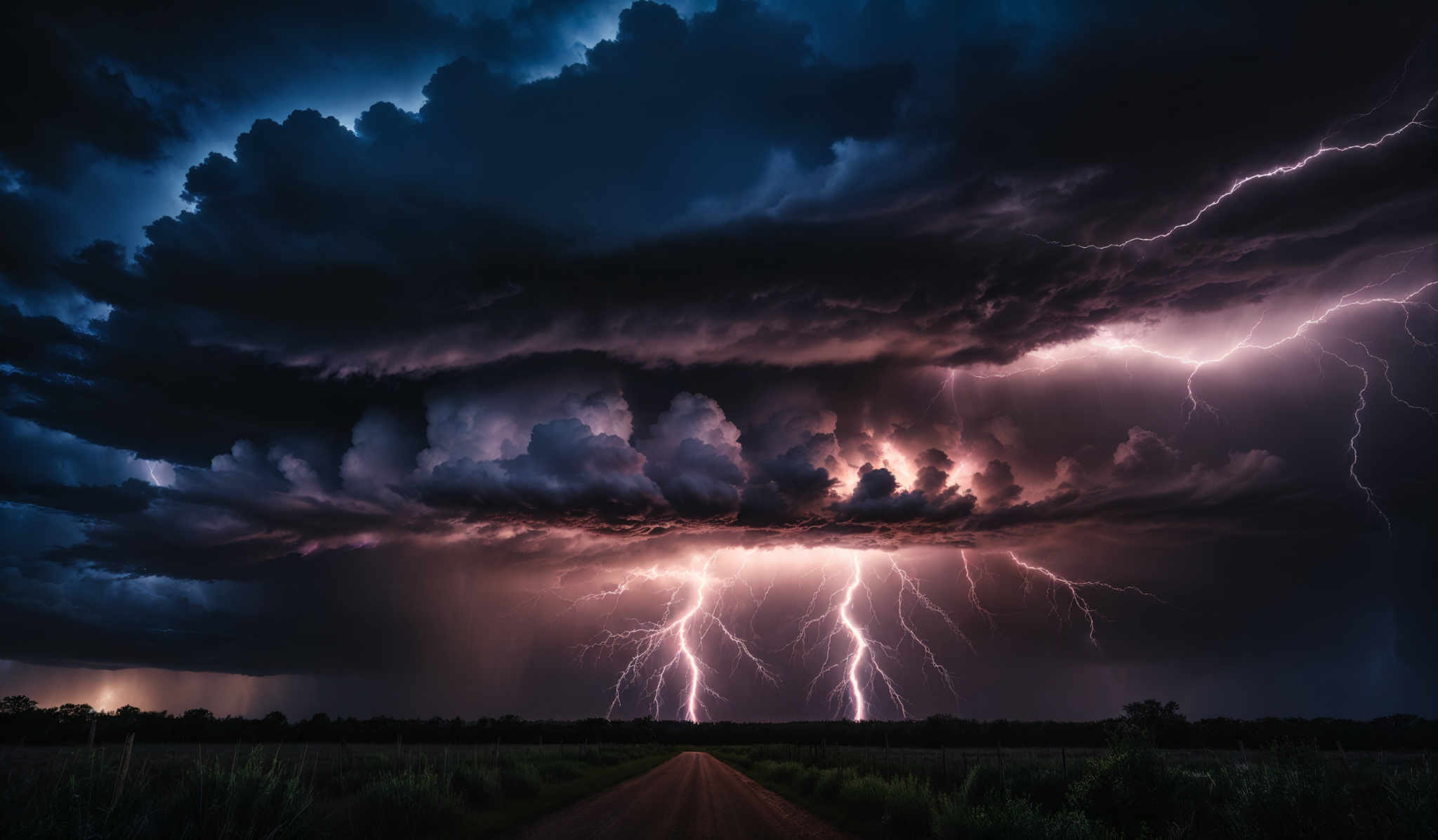 The image showcases a dramatic and intense scene of nature. Dominating the sky are dark, ominous clouds, with hints of blue peeking through. These clouds are illuminated by vibrant streaks of lightning, which appear as bright white bolts cutting across the dark backdrop. The ground below is a mix of green fields and a dirt road that leads into the distance. The lightning strikes create a contrast between the dark storm clouds and the bright, electrified areas.