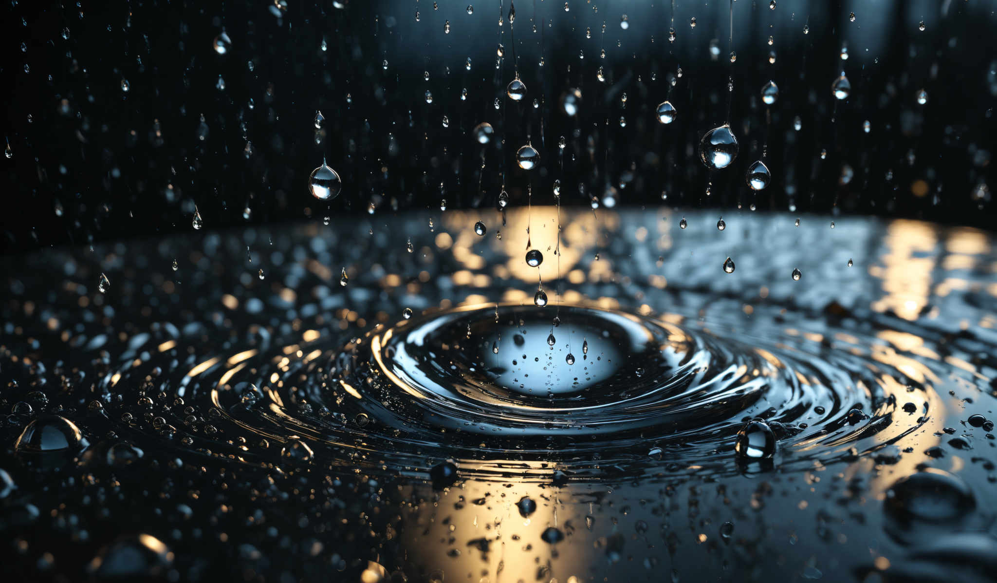 The image showcases a mesmerizing scene of water droplets suspended in the air, with some of them converging to form ripples on a surface below. The droplet's reflections create a shimmering effect, reflecting light in various hues of blue and gold. The overall color palette is dominated by deep blues and golds, creating a contrast between the coolness of the water and the warmth of the light. The shapes are intricate, with droplettes of varying sizes, some of which are captured in mid-fall, while others are stationary, creating an illusion of depth and dimension.