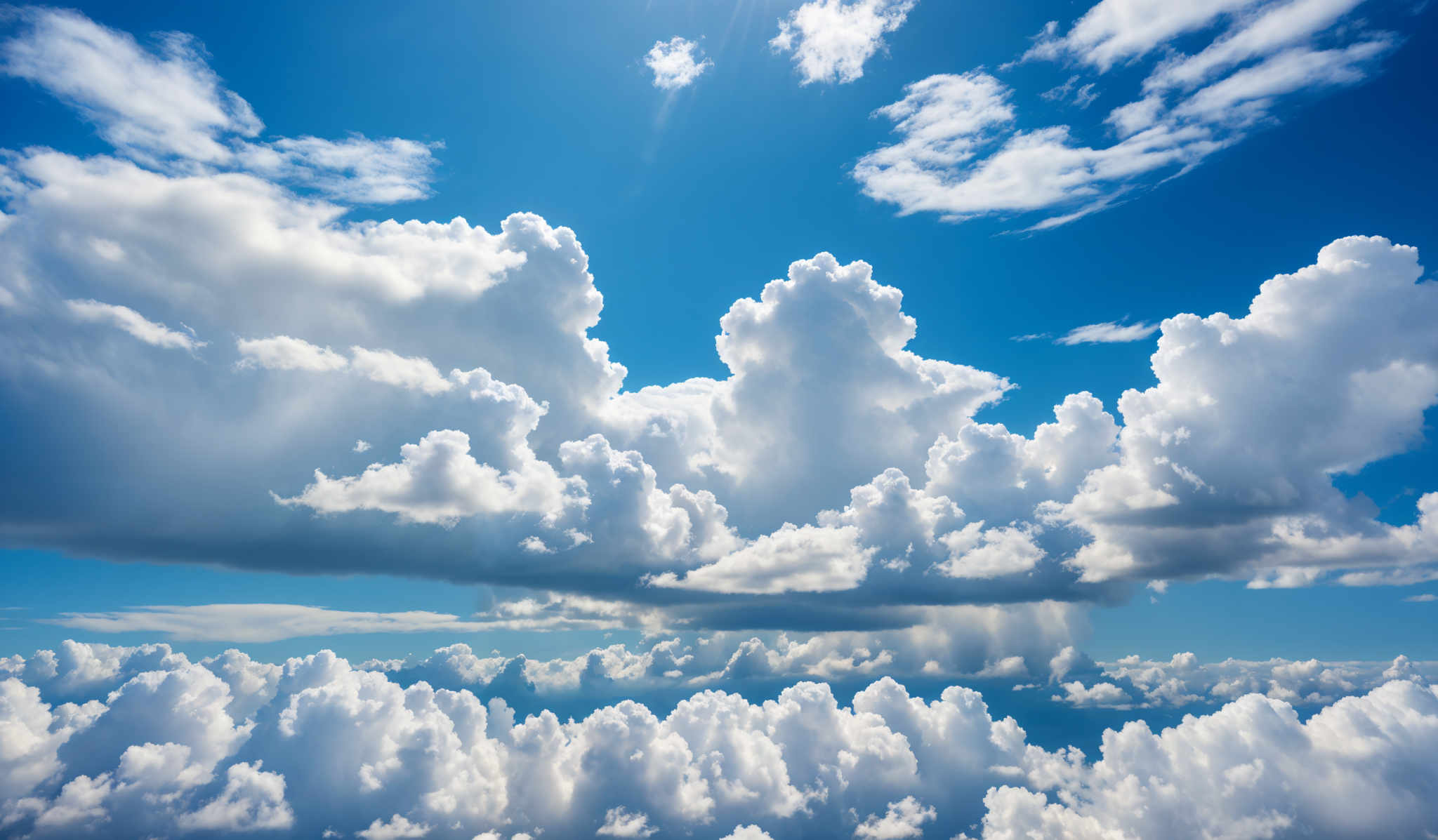 The image showcases a vast expanse of the sky filled with cumulus clouds. The clouds are predominantly white, fluffy, and dense, with some appearing larger and more voluminous than others. The sky itself is a clear blue, with a few scattered white clouds. There's a radiant sun shining from the top left corner, casting its light and creating a glow on the clouds.