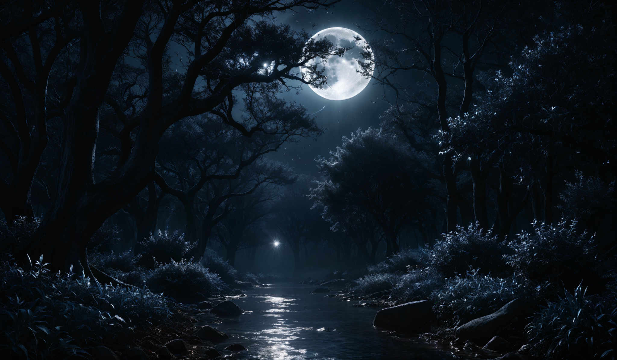 The image showcases a dark, nocturnal forest scene. The dominant colors are deep blues and blacks, creating a serene and mysterious ambiance. The trees have twisted and gnarled branches, and their leaves are illuminated by a bright, full moon. The moon casts a silvery light on the forest floor, revealing a stream with shimmering water. The stream is bordered by rocks and is surrounded by lush vegetation, including ferns and shrubs. The overall mood of the image is one of tranquility and enchantment.