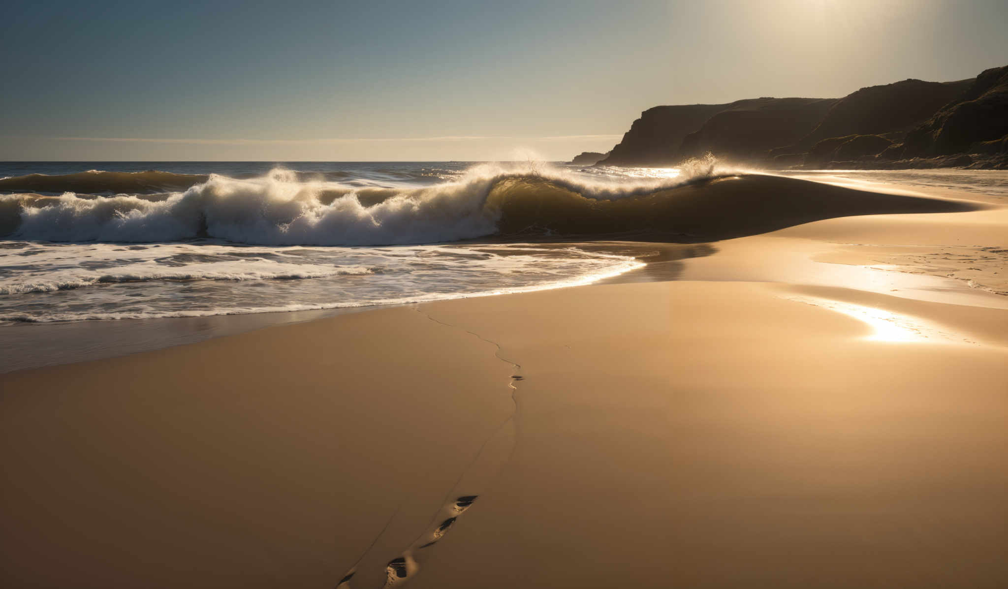 The image showcases a serene beach scene during what appears to be either sunrise or sunset. The sky is clear with a gradient of blue transitioning to a golden hue. The sun is shining brightly, casting a warm glow over the beach. The waves crash onto the sandy shore, producing white foam. The beach itself is a golden-brown color, with footprints visible in the wet sand. On the right side, there's a cliff with green vegetation, and the sun's rays create a beautiful reflection on the water.