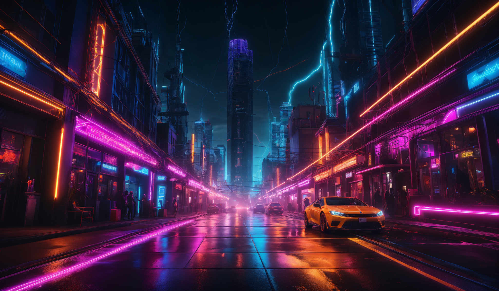 The image showcases a vibrant urban street scene during nighttime. The dominant colors are neon shades of pink, purple, and blue. The street is wet, reflecting the neon lights, and there are several cars parked along the side. Tall buildings with neon signs dominate the background, and a striking purple lightning bolt can be seen in the sky. The overall ambiance is futuristic and cyberpunk, with a mix of modern and traditional elements.