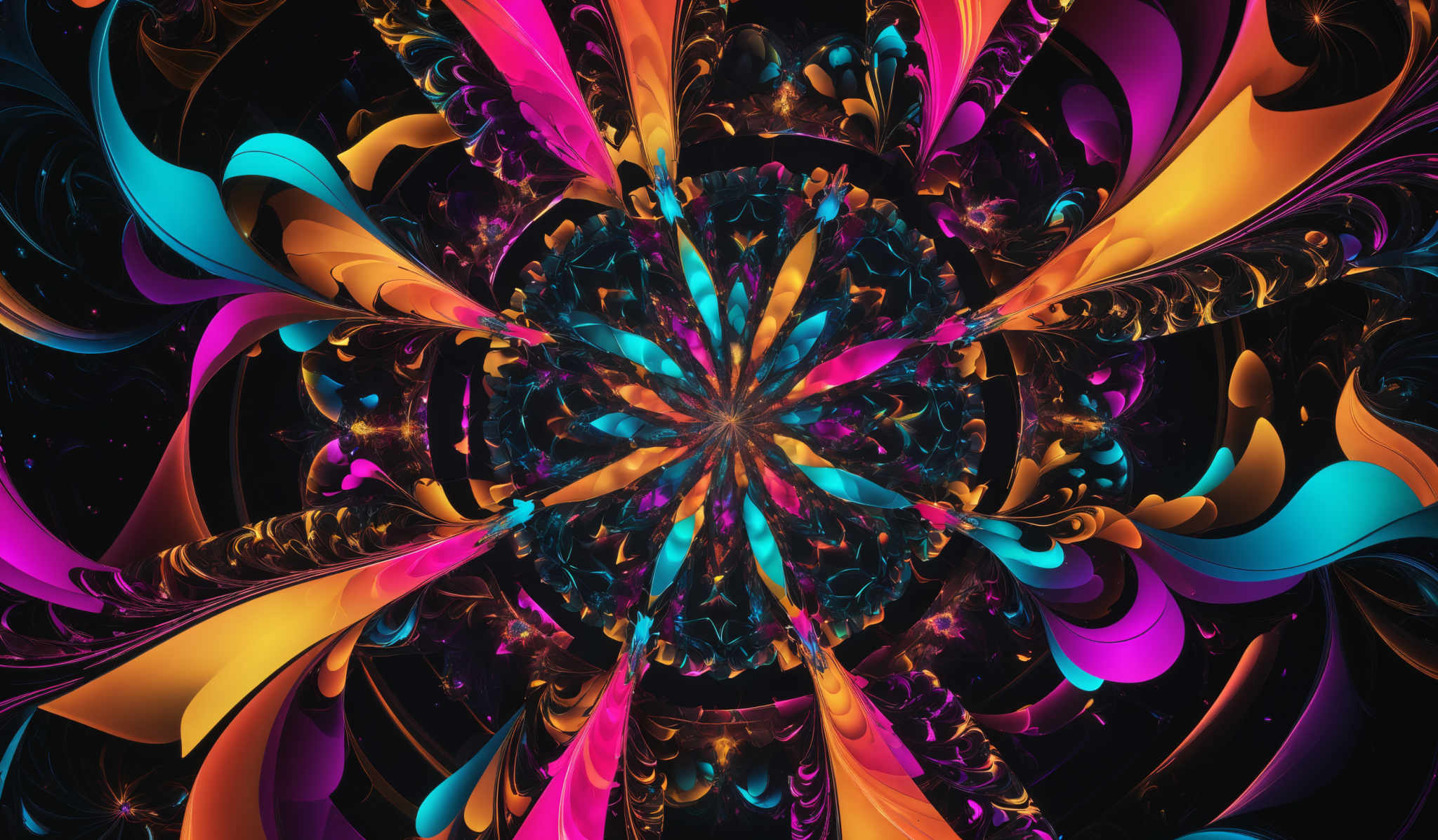 The image showcases a vibrant and intricate fractal design. It features a central core with symmetrical patterns radiating outwards. The dominant colors are shades of blue, pink, and gold, with hints of teal and purple. The shapes are complex, resembling intertwined petals or leaves, with swirling patterns and intricacies that give the image a dynamic and mesmerizing appearance.