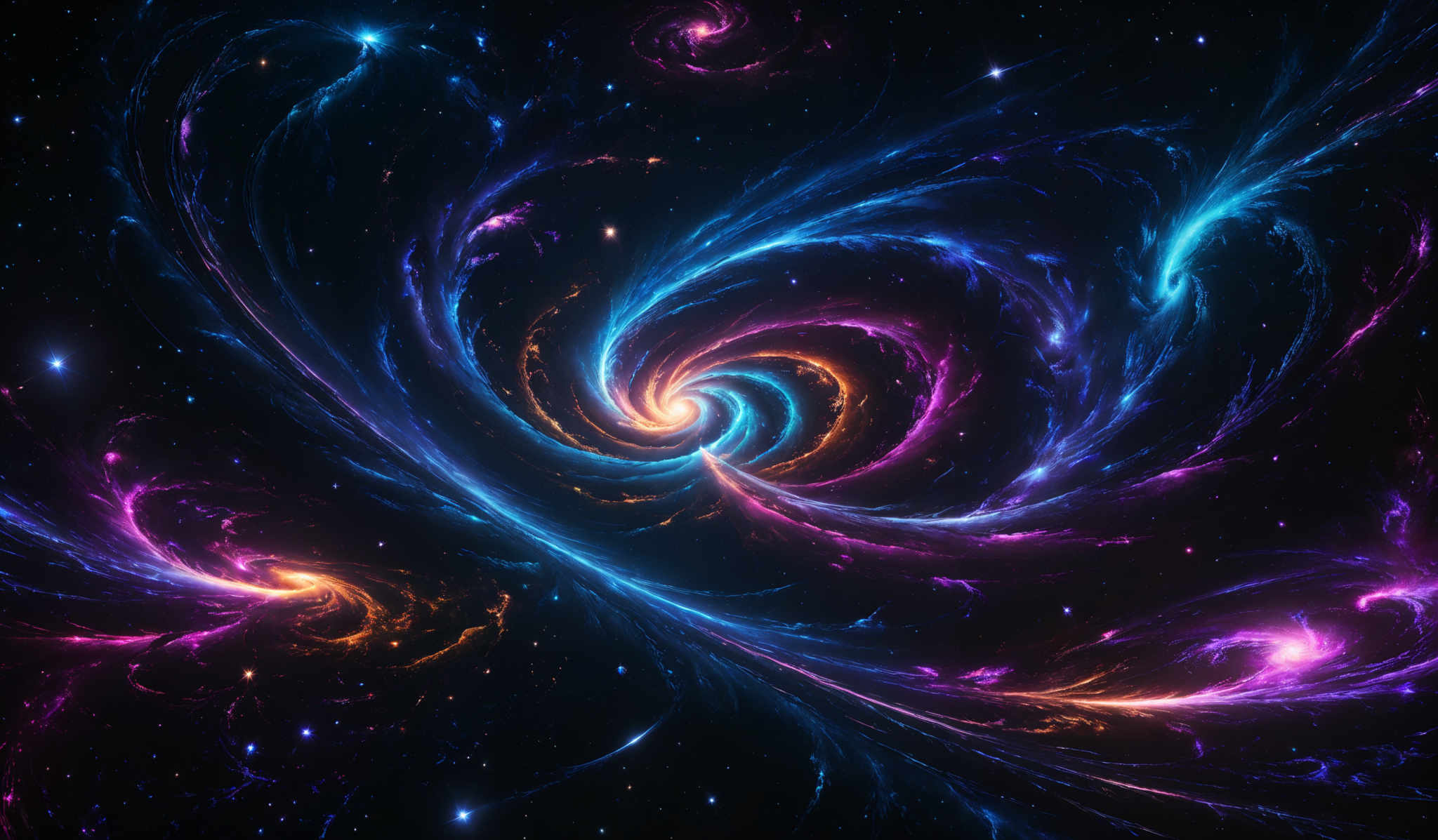 The image showcases a vibrant and mesmerizing cosmic scene. It features swirling patterns of vivid colors, predominantly blue, purple, and orange, reminiscent of nebulae or galaxies. The swirls are intricate and seem to emanate from a central point, giving an impression of a dynamic cosmic event or phenomenon. The background is dotted with numerous bright stars, further enhancing the ethereal beauty of the scene.