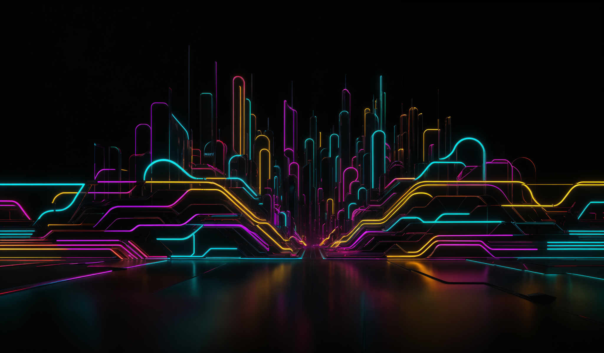 The image showcases a vibrant and dynamic digital artwork. It features neon-colored lines and shapes that resemble a cityscape or a futuristic landscape. The colors are predominantly shades of pink, blue, and yellow, creating a luminous and electrifying effect. The shapes are intricate, with curved lines, straight lines, and wavy patterns. The overall design gives a sense of movement and energy, reminiscent of a digital or virtual world.