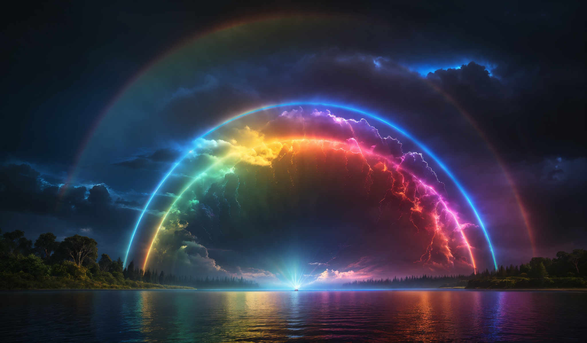 The image showcases a breathtaking scene of a landscape with a serene body of water in the foreground. Above the water, there's a vibrant rainbow arcing across the sky, with its colors ranging from deep blue at the top to a fiery orange at the bottom. Surrounding the rainbow are dark storm clouds, illuminated by lightning strikes that add a dramatic touch to the scene. The lightning displays a spectrum of colors, from purple to yellow. The horizon reveals a silhouette of a forest, and the water reflects the colors of the sky and the vividness of the rainbows.