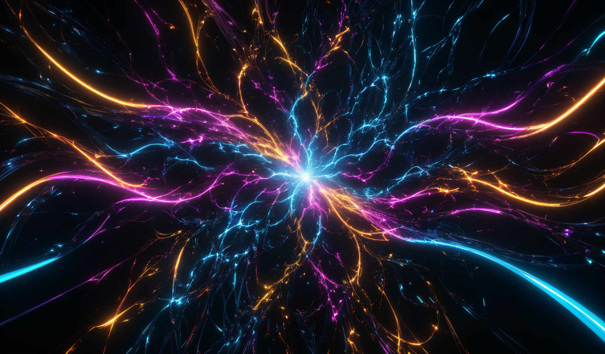 The image showcases a vibrant and dynamic interplay of colors. It predominantly features hues of blue, pink, and gold. The central part of the image has a bright blue and pink explosion, reminiscent of a burst of energy or light. Surrounding this explosion are intricate, swirling patterns of gold and blue tendrils that radiate outwards, intertwining and intermingling. The overall effect is reminisccent of an electrifying, otherworldly phenomenon, possibly representing energy, movement, or a cosmic event.