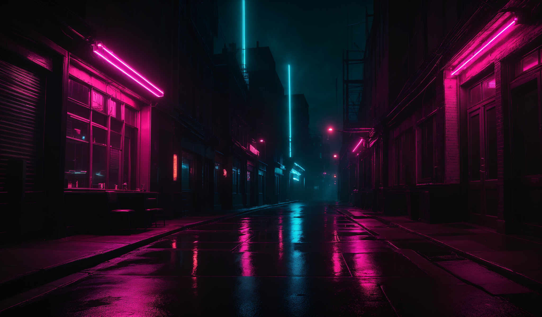 The image showcases a dimly lit urban alleyway, possibly after a rain, as evidenced by the wet ground reflecting the neon lights. The dominant colors are shades of pink, purple, and blue, emanating from neon signs and street lamps. The alley is flanked by old brick buildings on both sides, with their windows displaying various signs and posters. The ground is wet, reflecting these lights, and there's a sense of quietness and solitude in the scene.