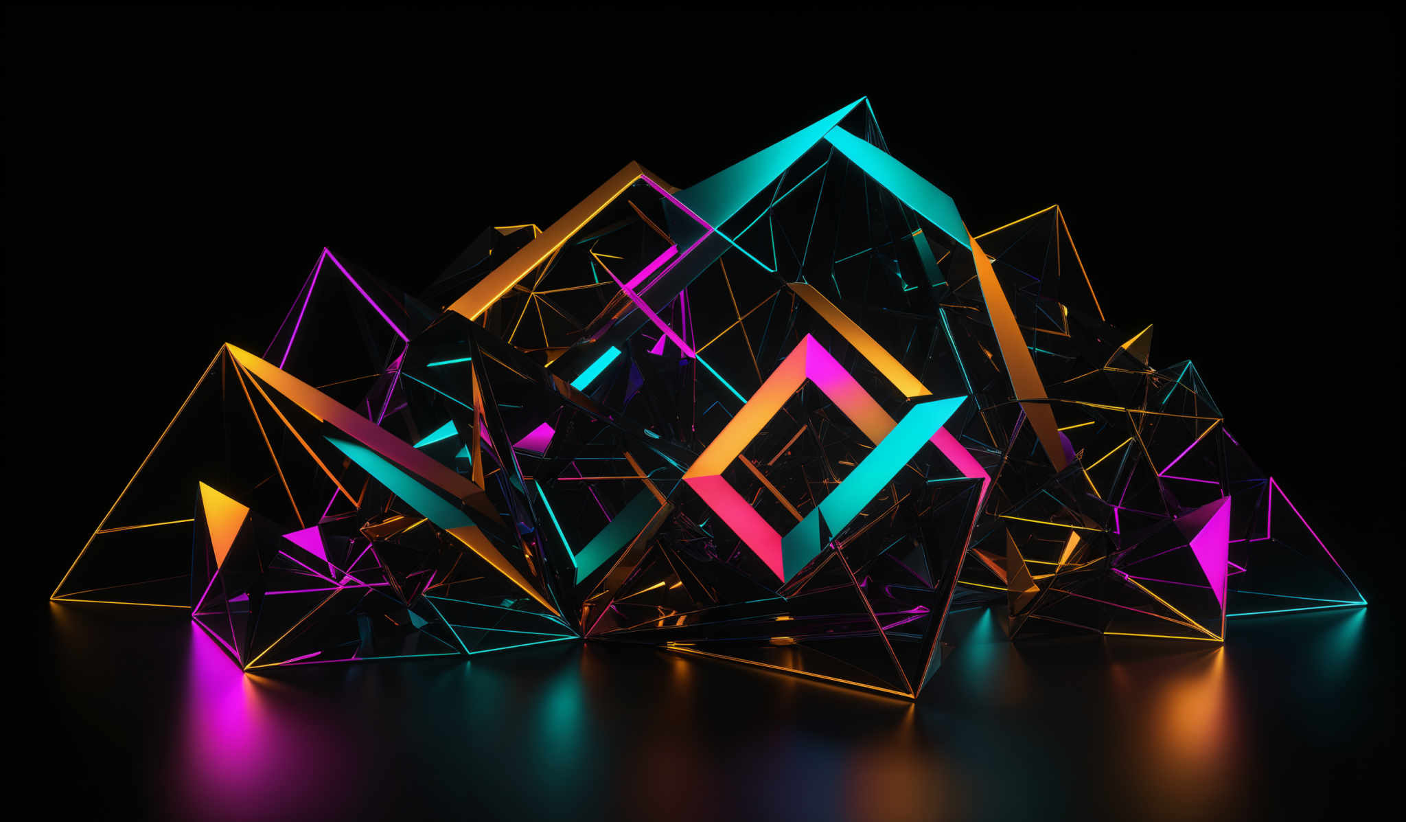 The image showcases a 3D geometric structure composed of interconnected triangles and other polygons. These polygonal shapes are rendered in vibrant neon colors, including shades of pink, blue, yellow, and green. The structure appears chaotic, yet harmoniously interconnected, creating a visually striking and modern aesthetic. The background is predominantly dark, which accentuates the luminosity of the neon-colored shapes.