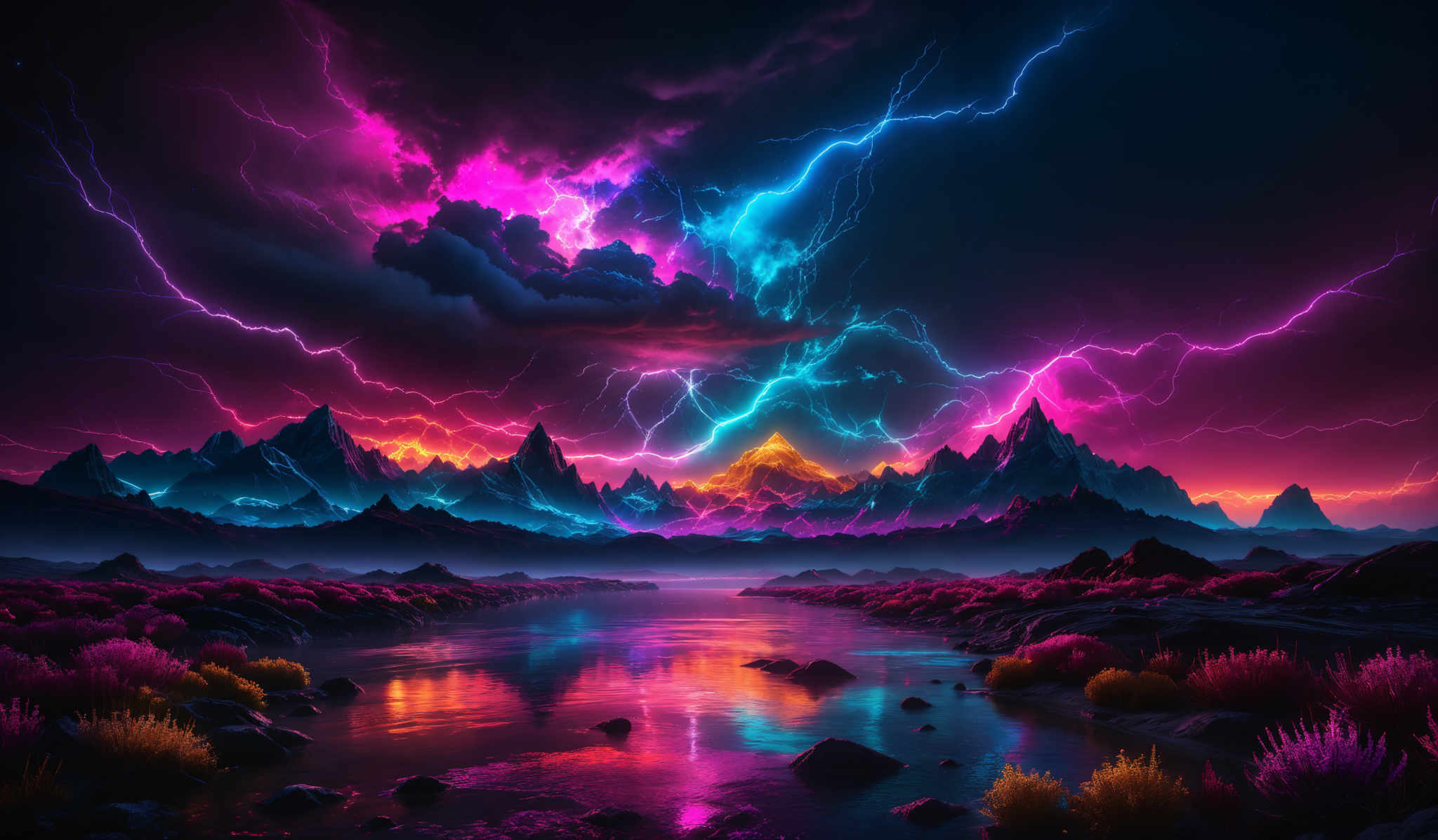 The image showcases a vibrant and dramatic landscape. The sky is dominated by dark clouds interspersed with bright, electrifying bolts of lightning in hues of pink, blue, and purple. These lightning bolts seem to emanate from a centralized point, suggesting a stormy atmosphere. Below the sky, there are jagged mountain peaks, some of which are illuminated by a fiery orange glow, possibly from a setting or rising sun. The mountains are reflected in a serene body of water in the foreground, which is surrounded by rocky terrain and patches of vibrantly colored vegetation, predominantly in shades of pinks and purples.