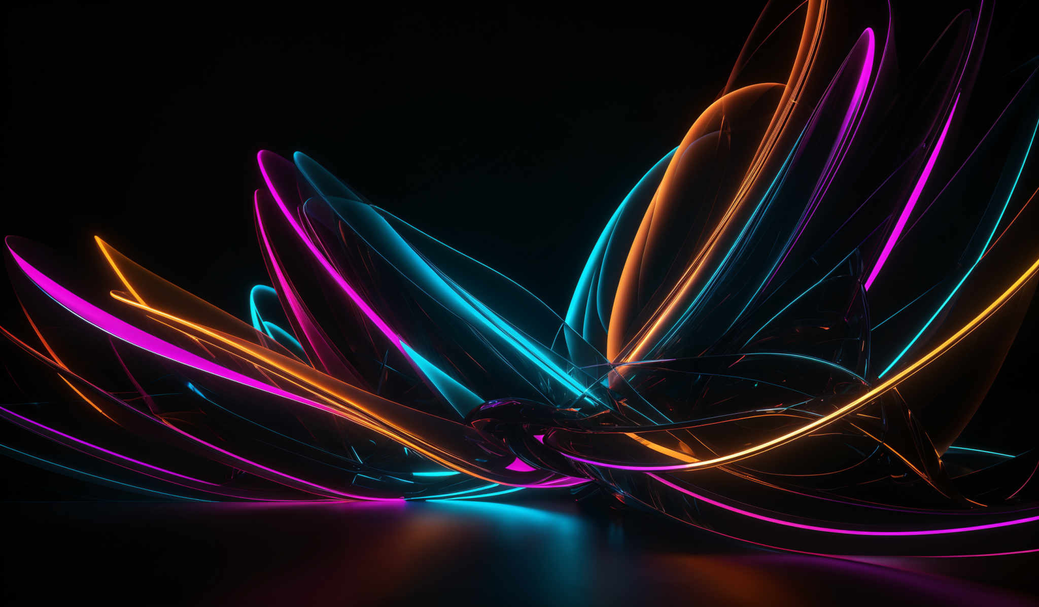 The image showcases a vibrant and dynamic abstract design. It features a myriad of neon colors, including shades of pink, blue, orange, and yellow, intertwined in intricate patterns. The shapes are reminiscent of twisted and curved lines, forming a complex web of interconnected lines and curves. The overall effect is both visually striking and mesmerizing, with the colors and shapes interplaying with each other to create a sense of movement and energy.