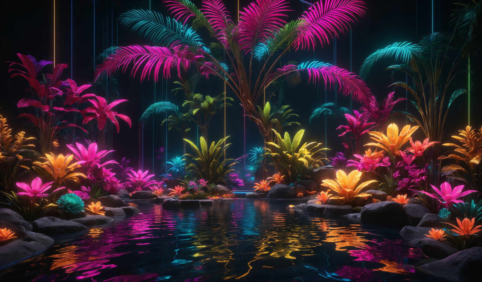 The image showcases a vibrant and colorful scene of a tropical garden. The dominant colors are neon shades of pink, blue, and yellow. The plants are depicted in various shapes, with palm-like fronds being the most prominent. There are also flowers with multi-colored petals, and the entire scene is reflected in the water below. The background is dark, which accentuates the bright colors of the plants and the shimmering reflections in the pond.